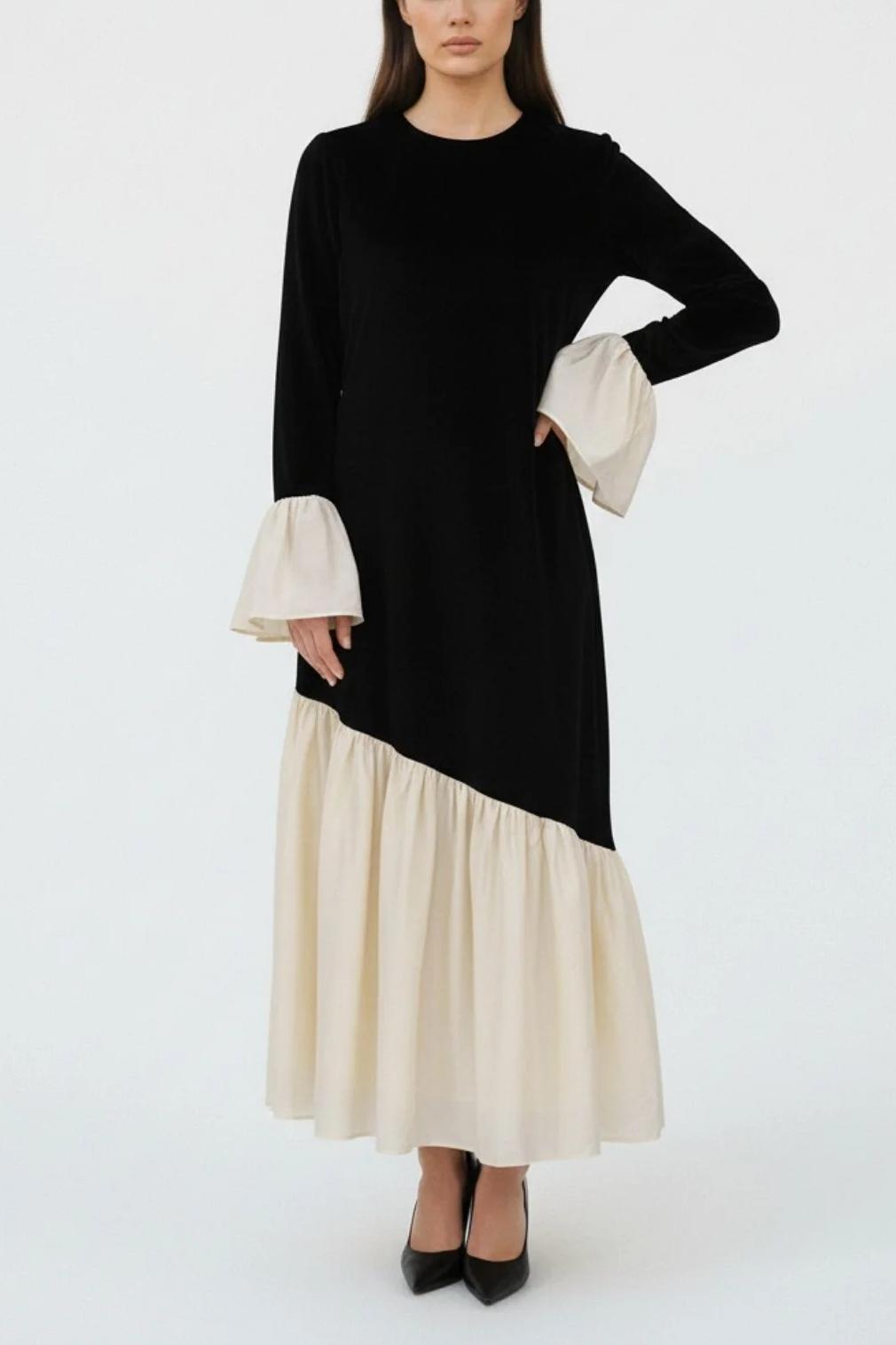 Contrast Color Velvet Bell Sleeve Midi Dress