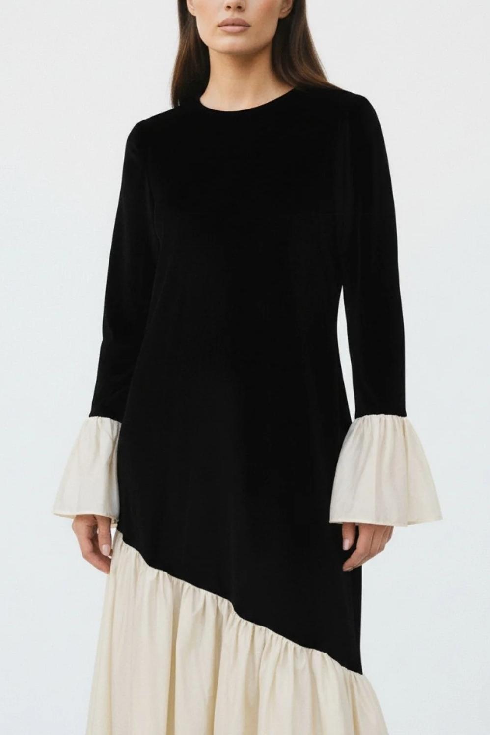 Contrast Color Velvet Bell Sleeve Midi Dress