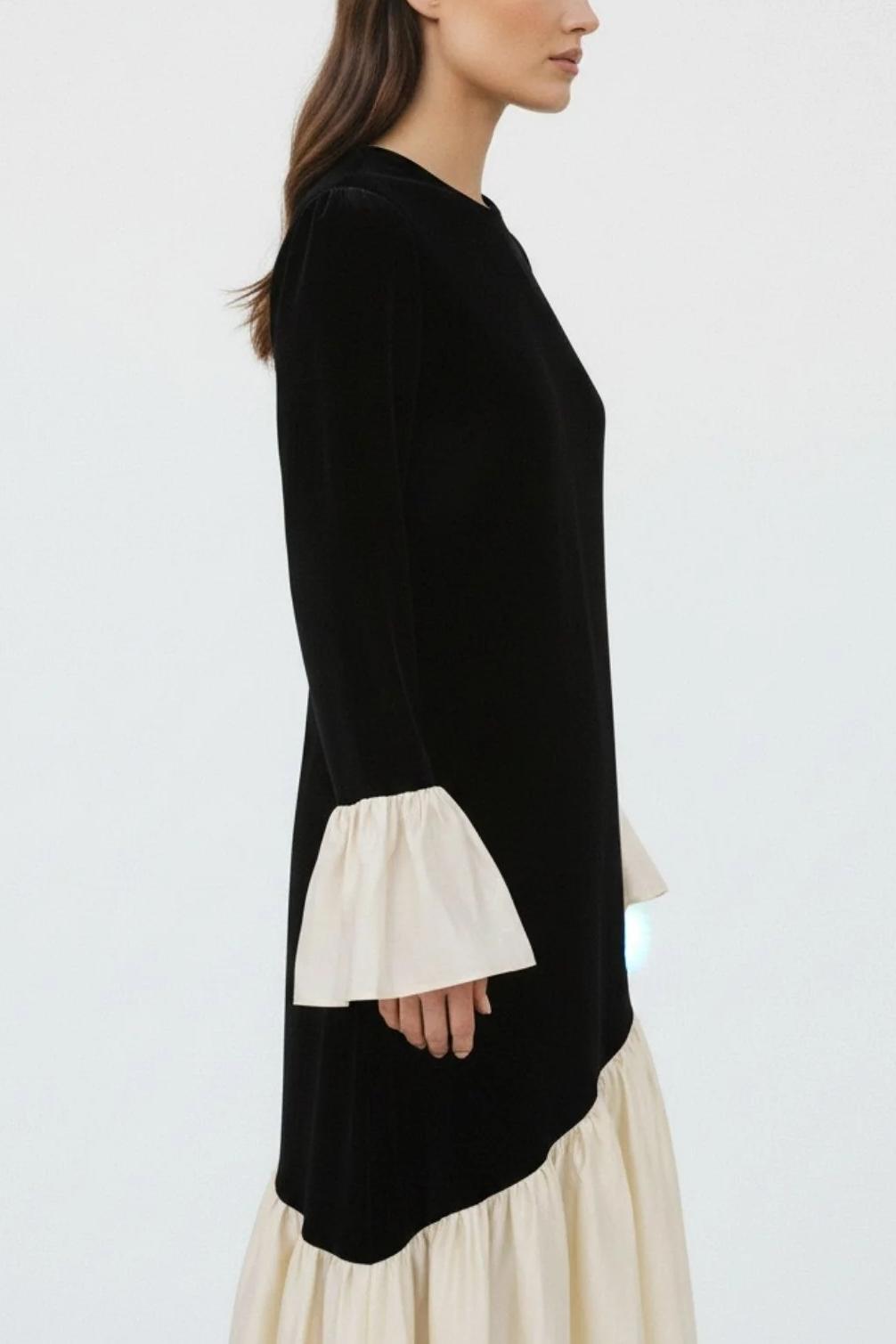 Contrast Color Velvet Bell Sleeve Midi Dress