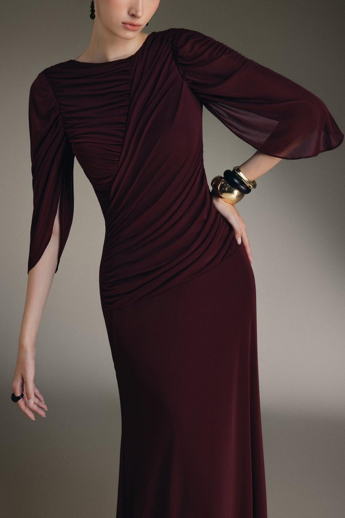 Solid Flapped Gathering Maxi Dress