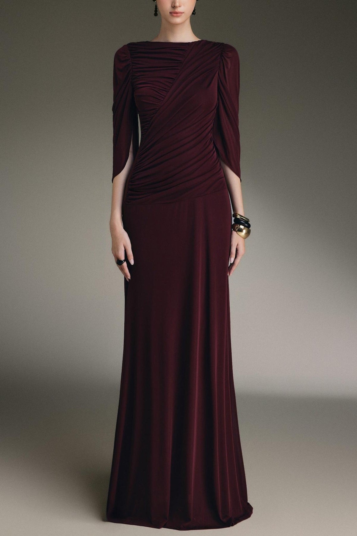 Solid Flapped Gathering Maxi Dress