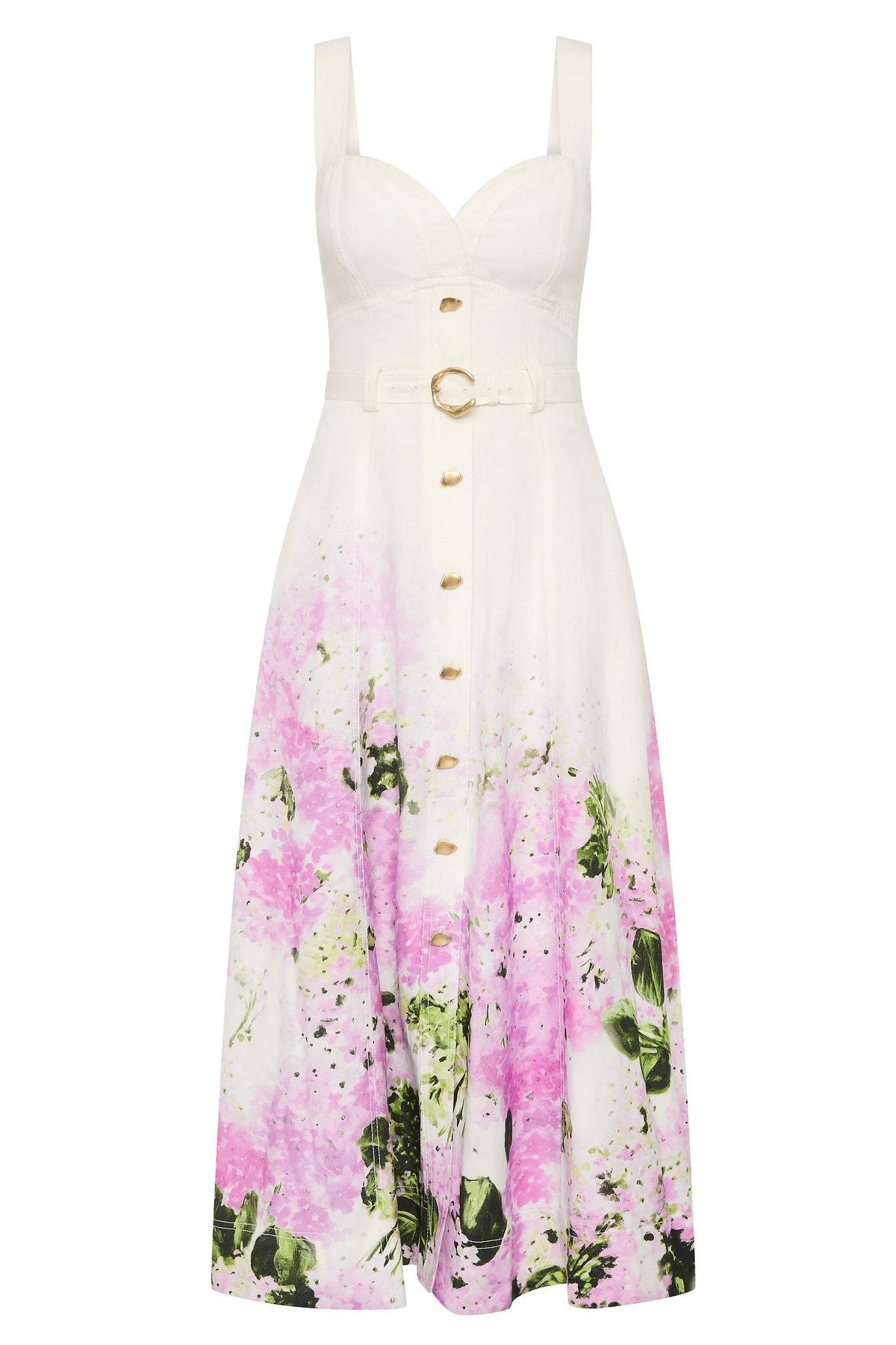 Floral Sweetheart Neck Midi Dress With Belt