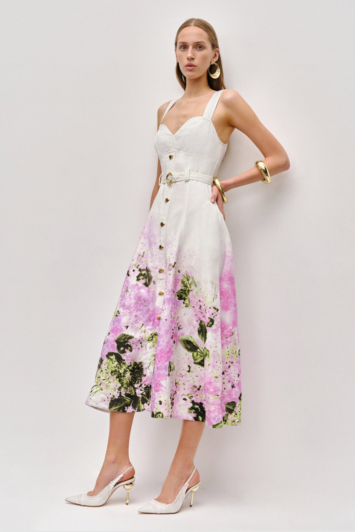Floral Sweetheart Neck Midi Dress With Belt