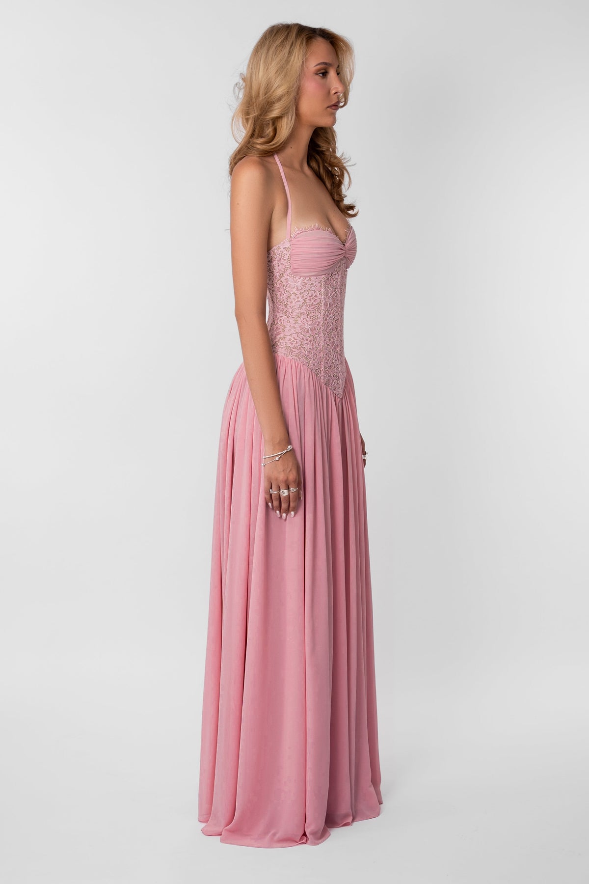 Lace Gathering Halter Neck Maxi Dress