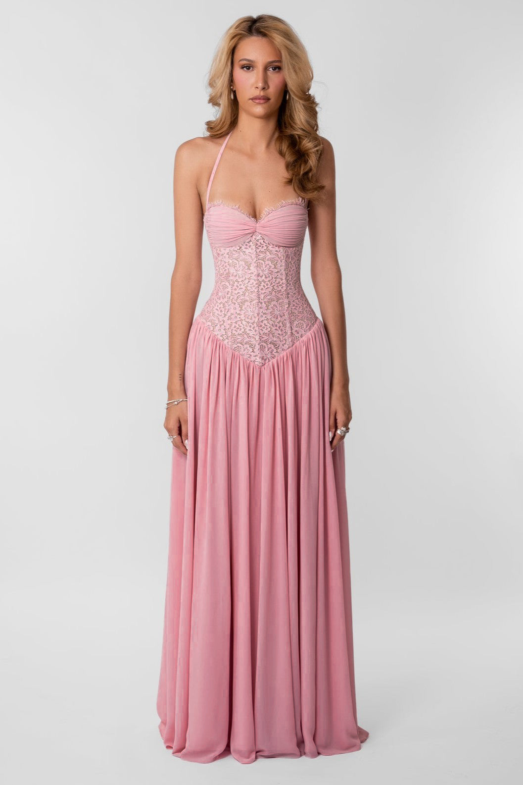 Lace Gathering Halter Neck Maxi Dress