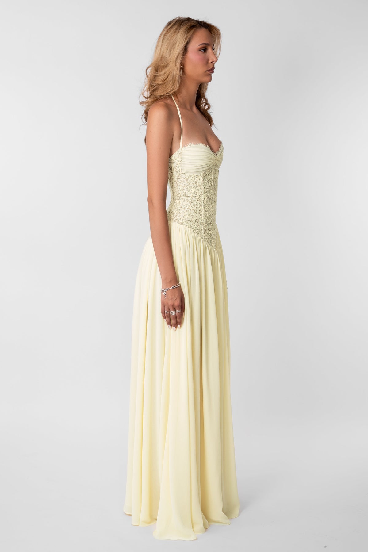 Lace Gathering Halter Neck Maxi Dress