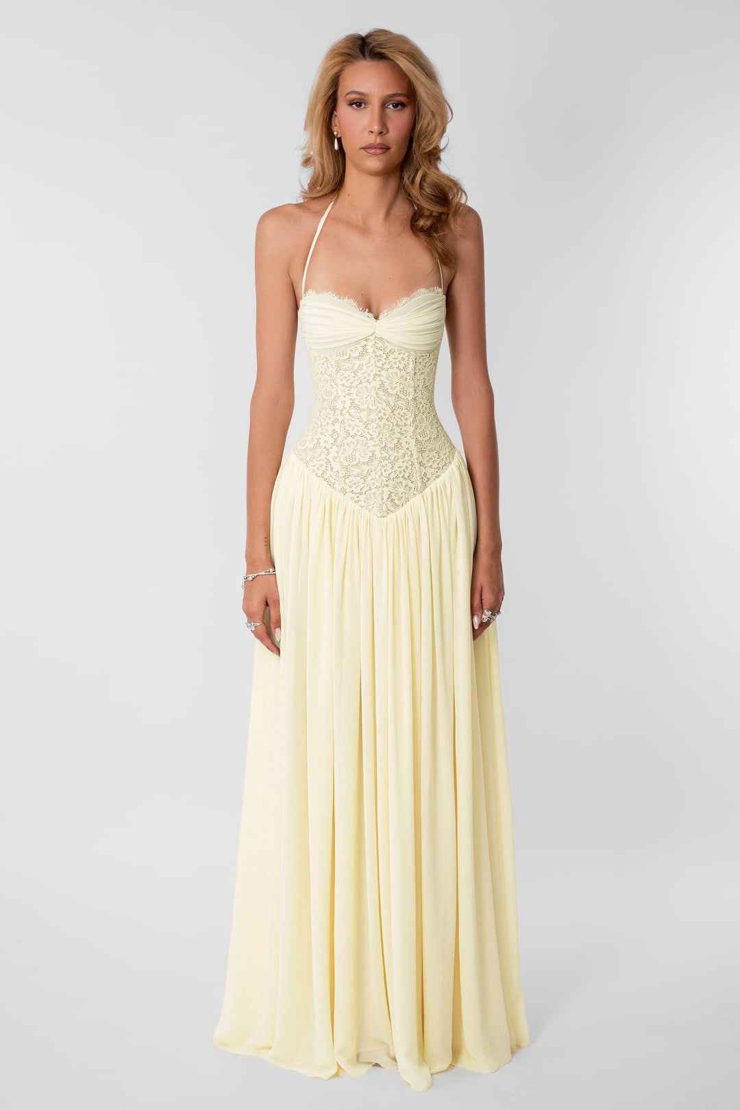 Lace Gathering Halter Neck Maxi Dress