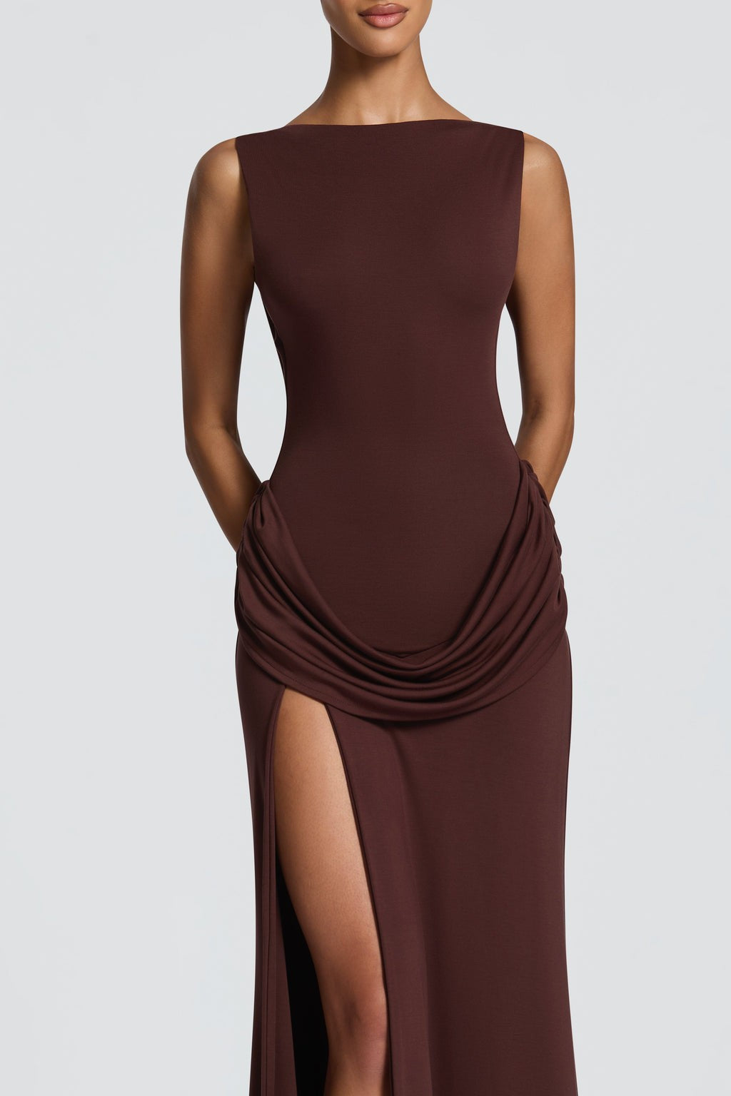 Sleeveless Ruched Slit Maxi Dress