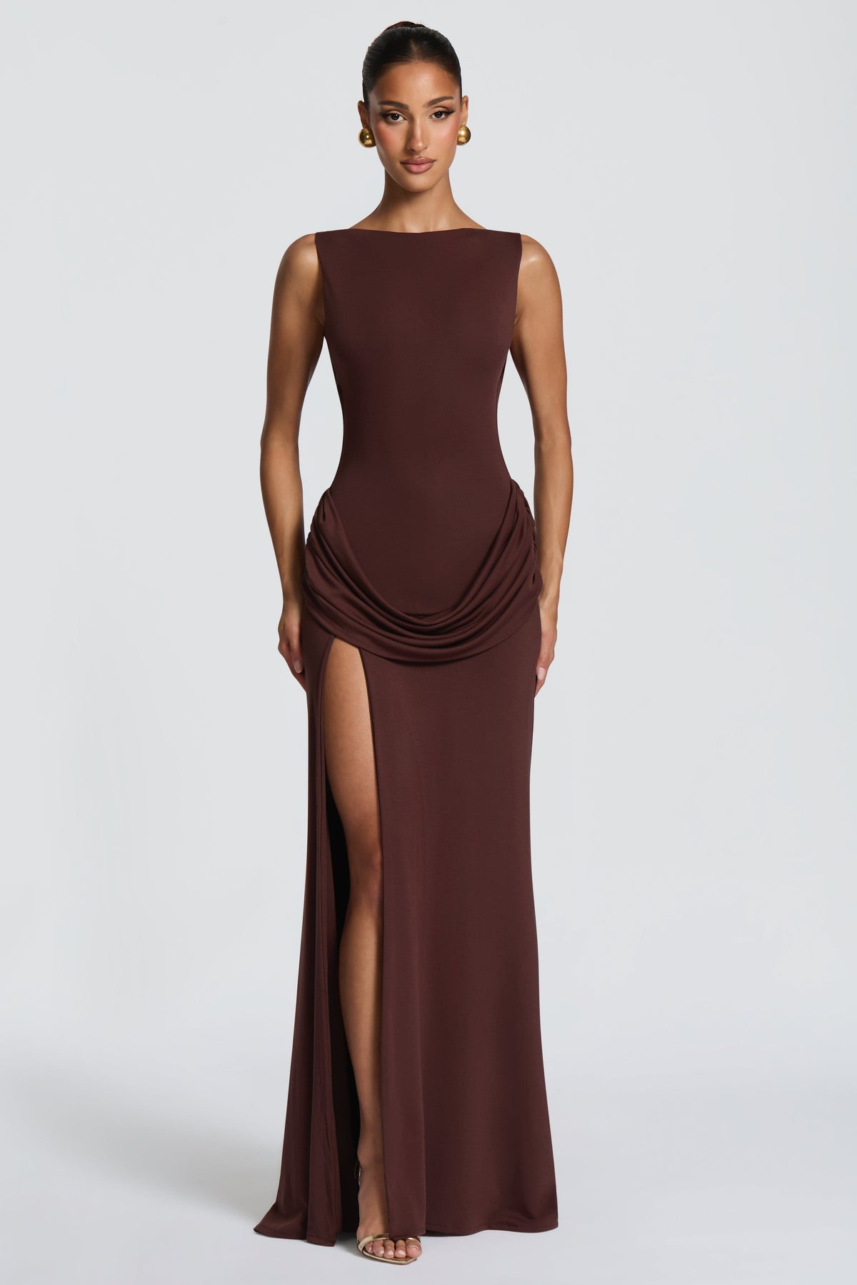 Sleeveless Ruched Slit Maxi Dress