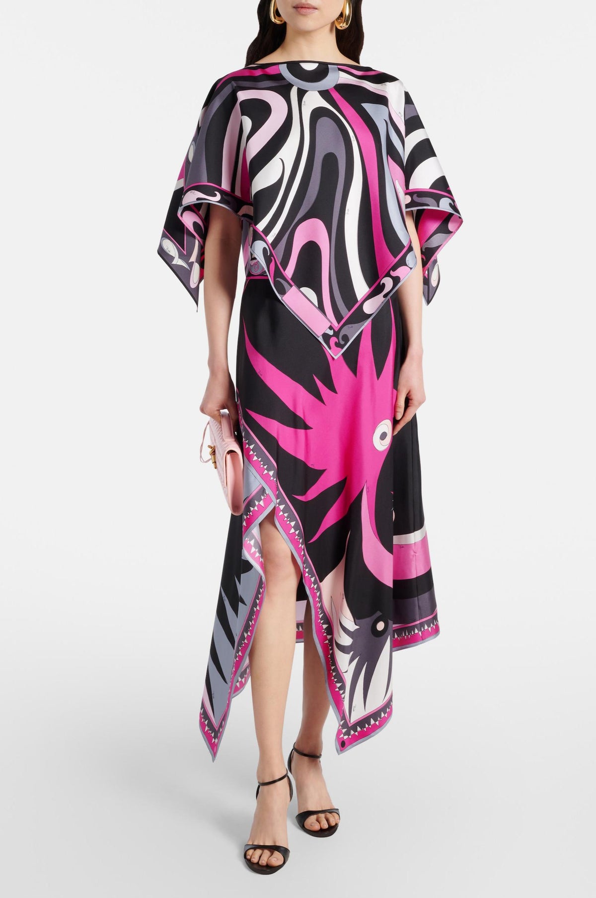 Scarf Print Cape Top & Slit High Waist Midi Skirt Set