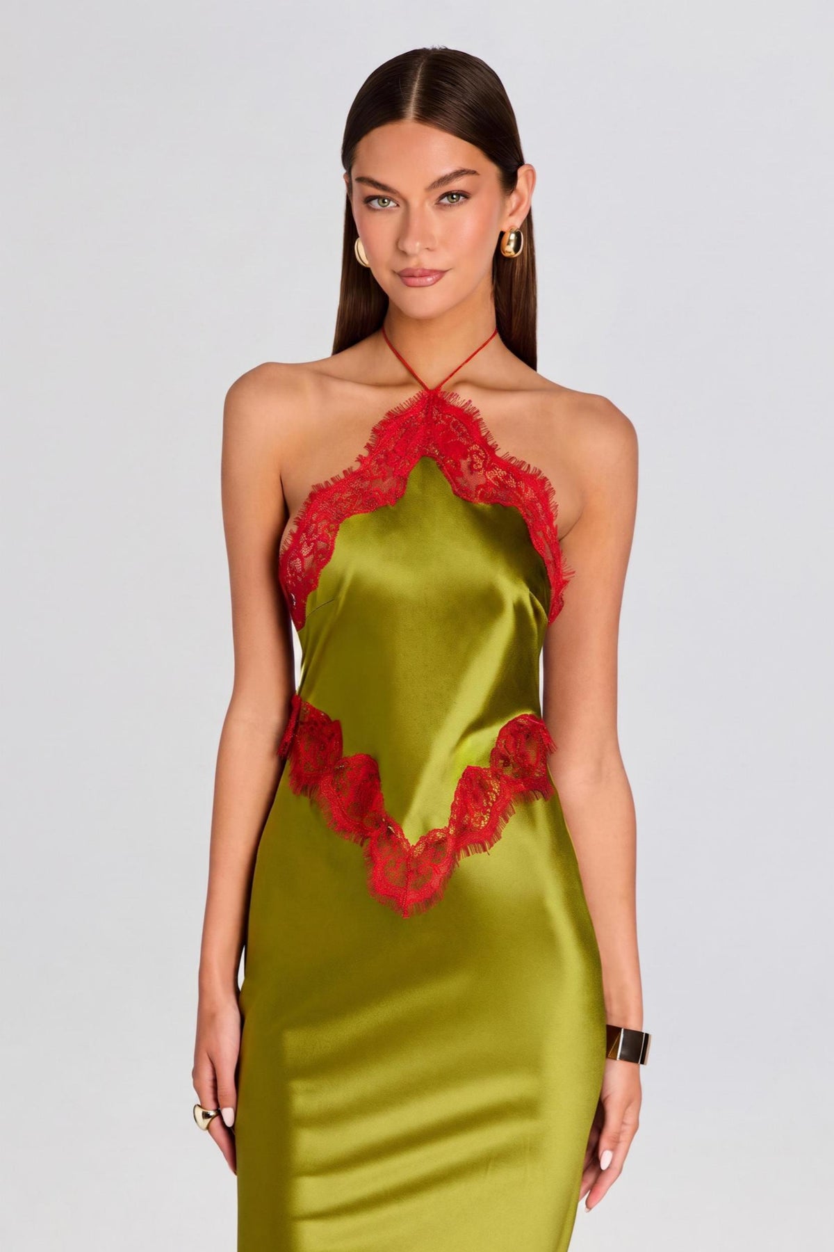 Contrast Color Lace Halter Neck Midi Dress
