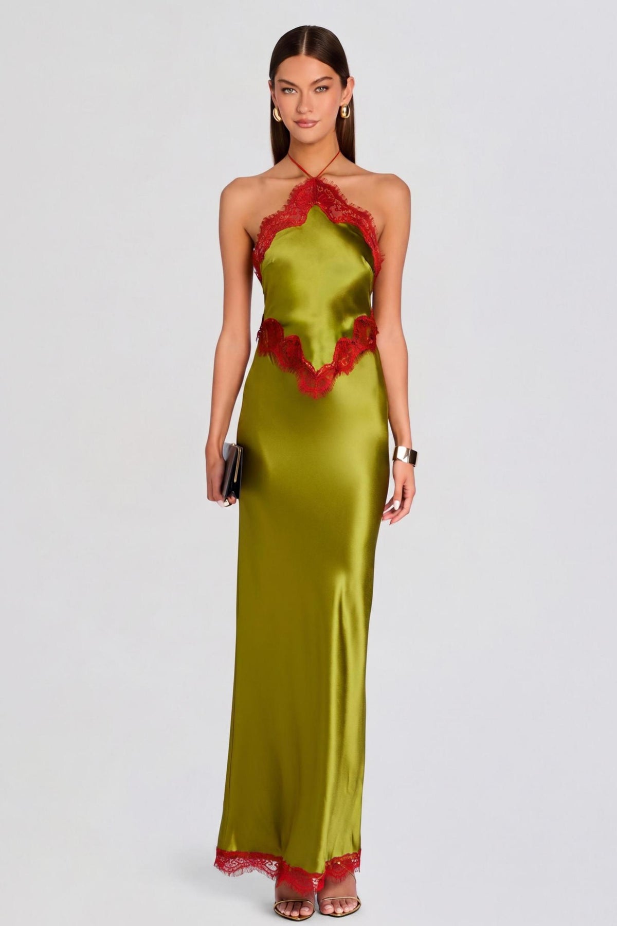 Contrast Color Lace Halter Neck Midi Dress