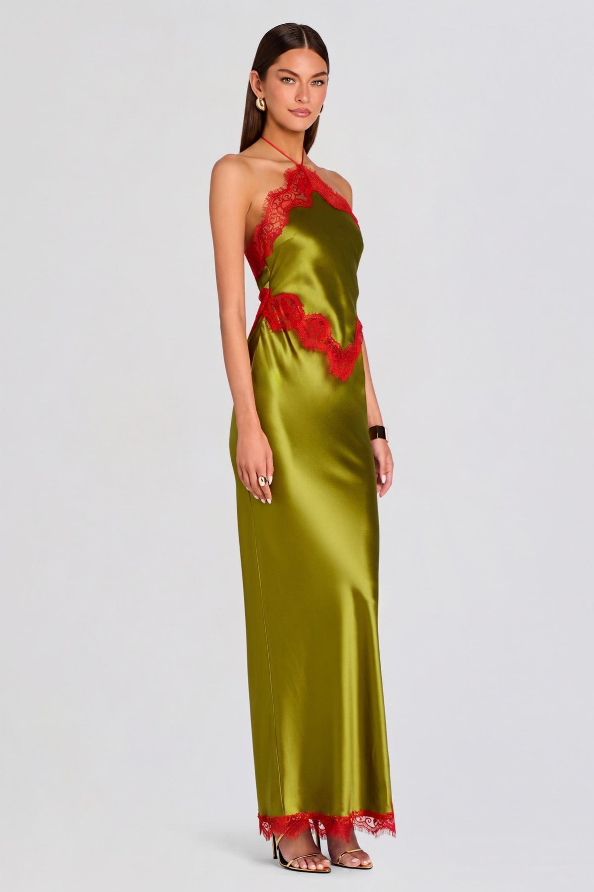 Contrast Color Lace Halter Neck Midi Dress