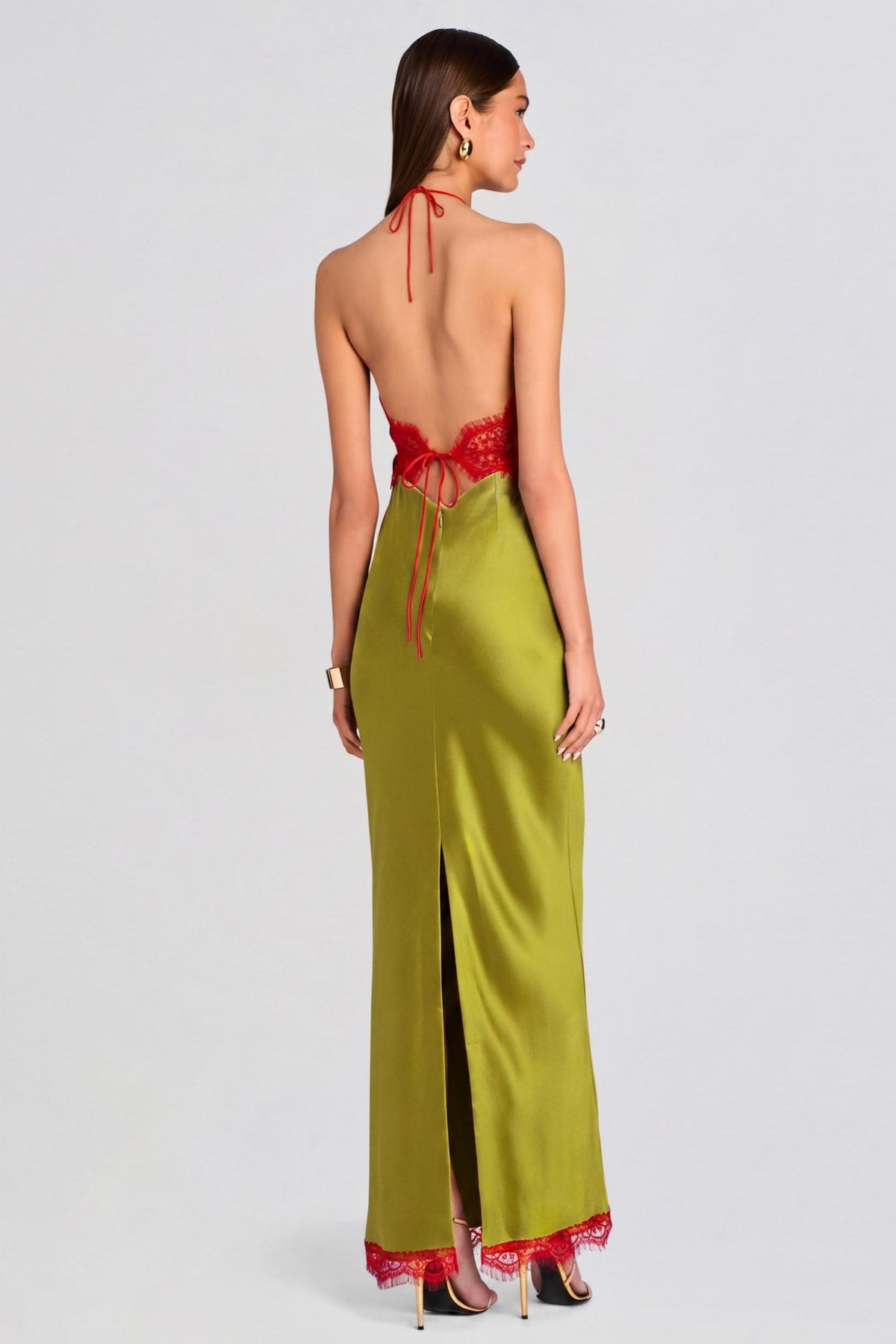 Contrast Color Lace Halter Neck Midi Dress