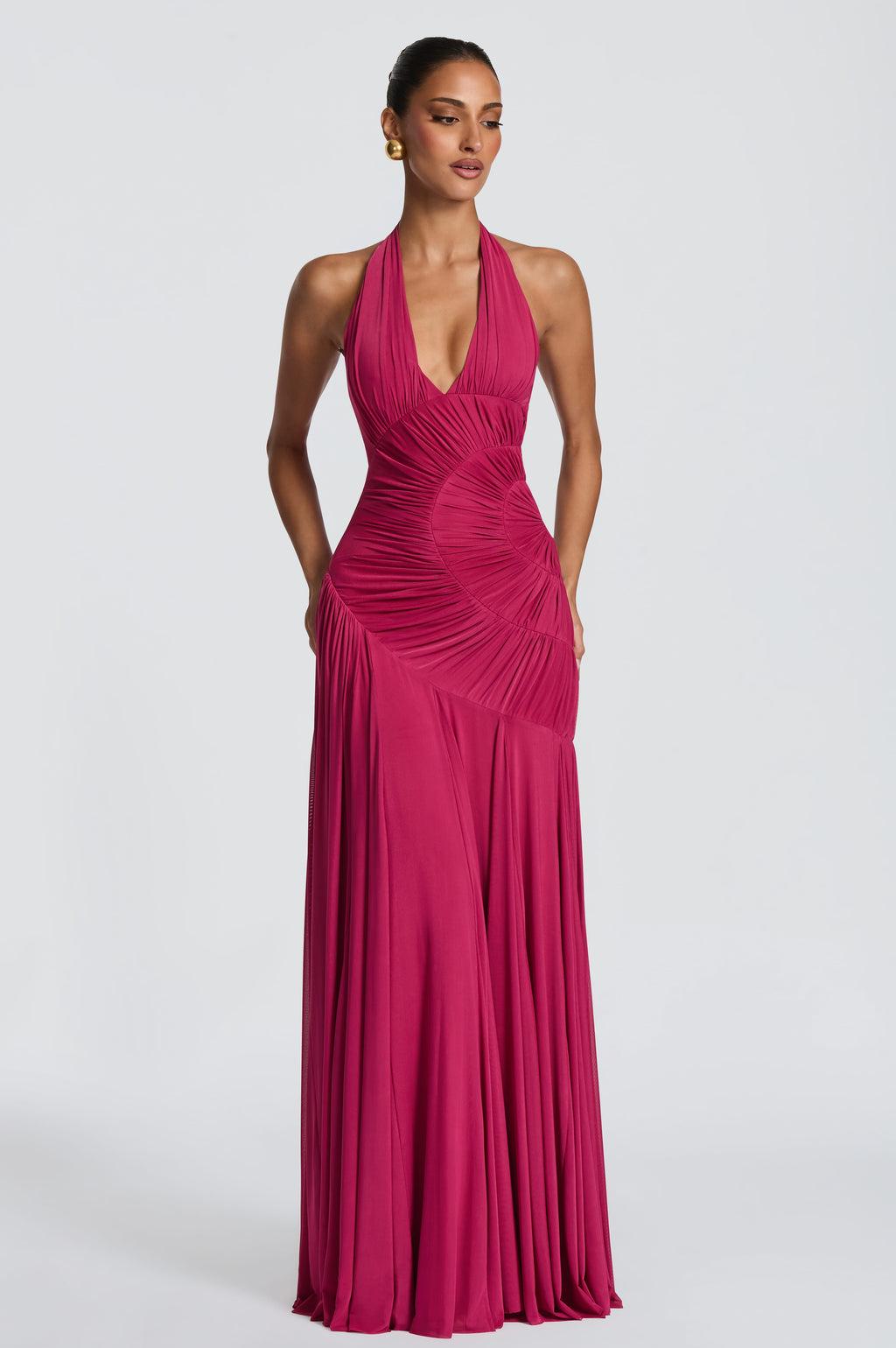 Solid Halter Neck Gathering Maxi Dress