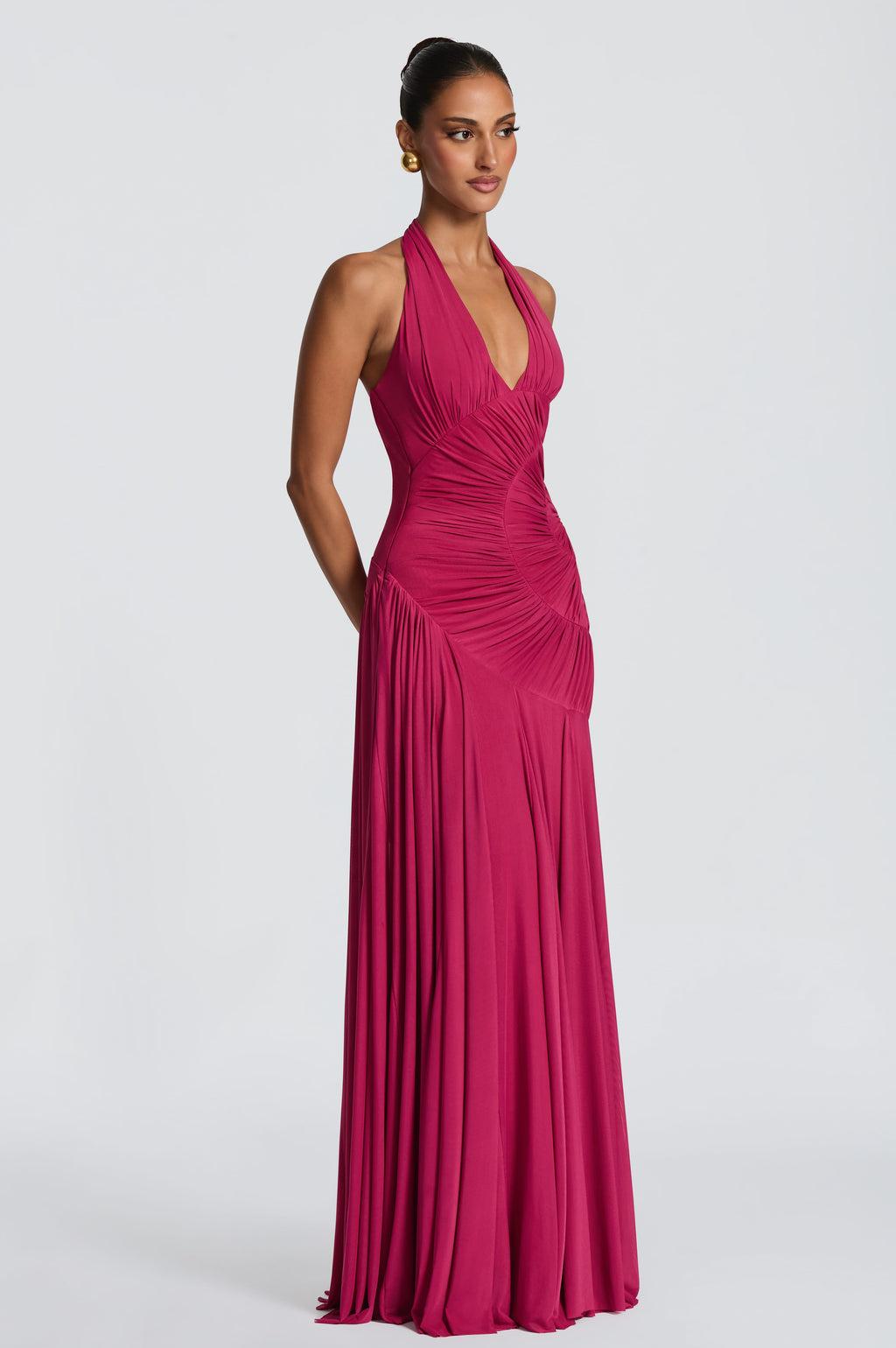 Solid Halter Neck Gathering Maxi Dress