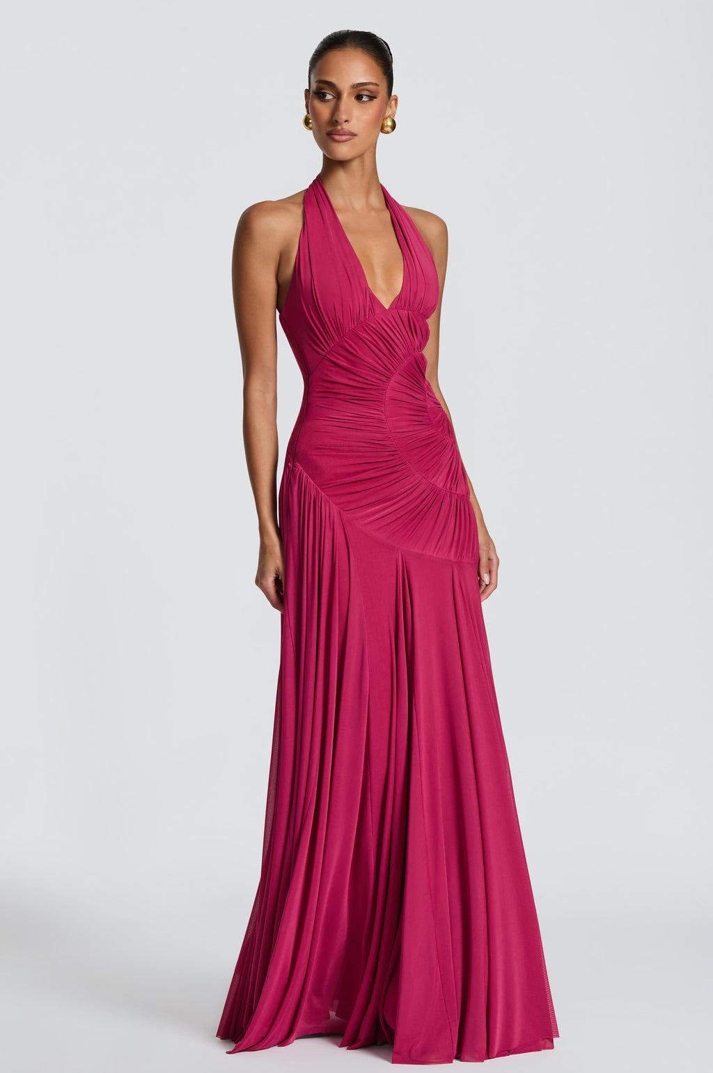 Solid Halter Neck Gathering Maxi Dress