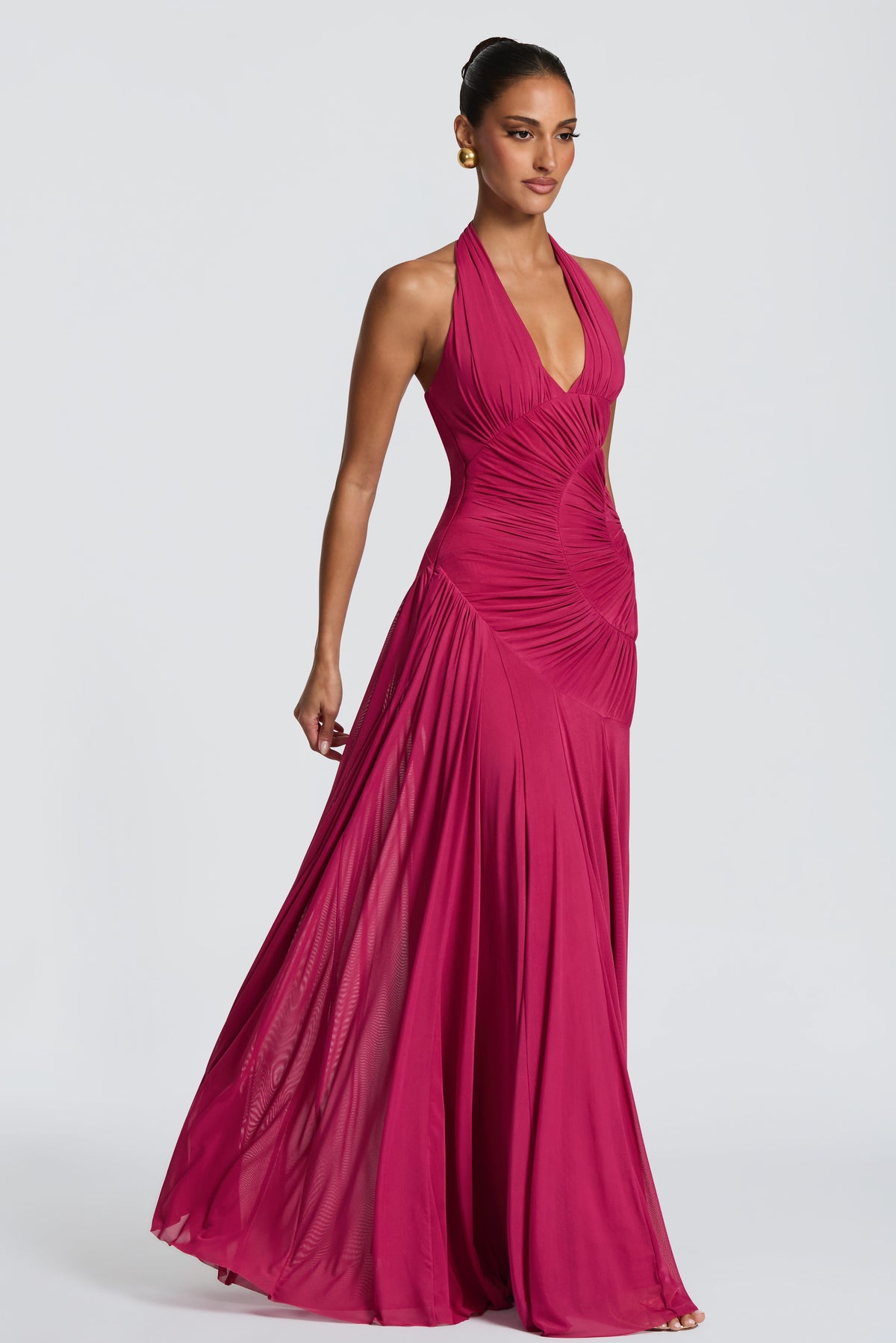 Solid Halter Neck Gathering Maxi Dress