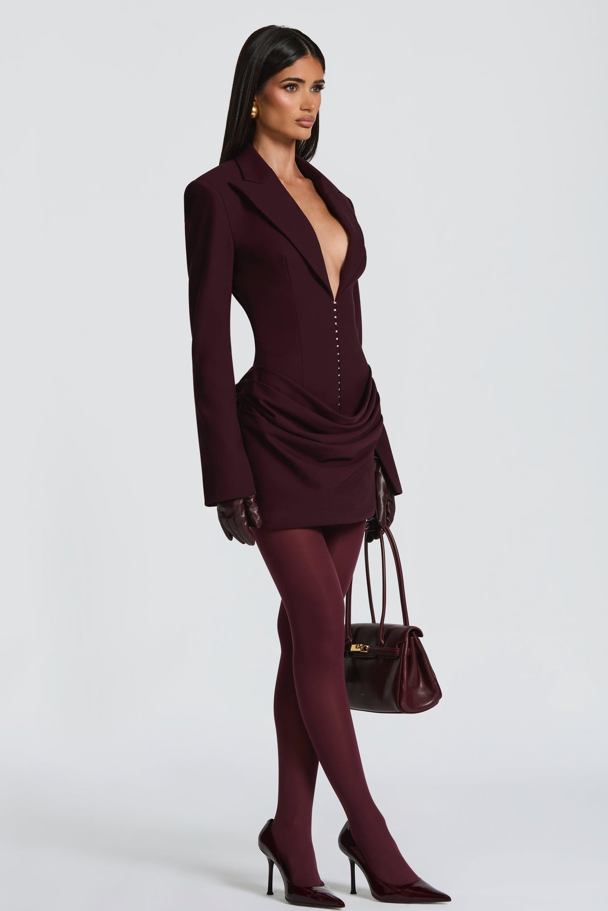 Tailored Collar Long Sleeve Ruched Mini Dress