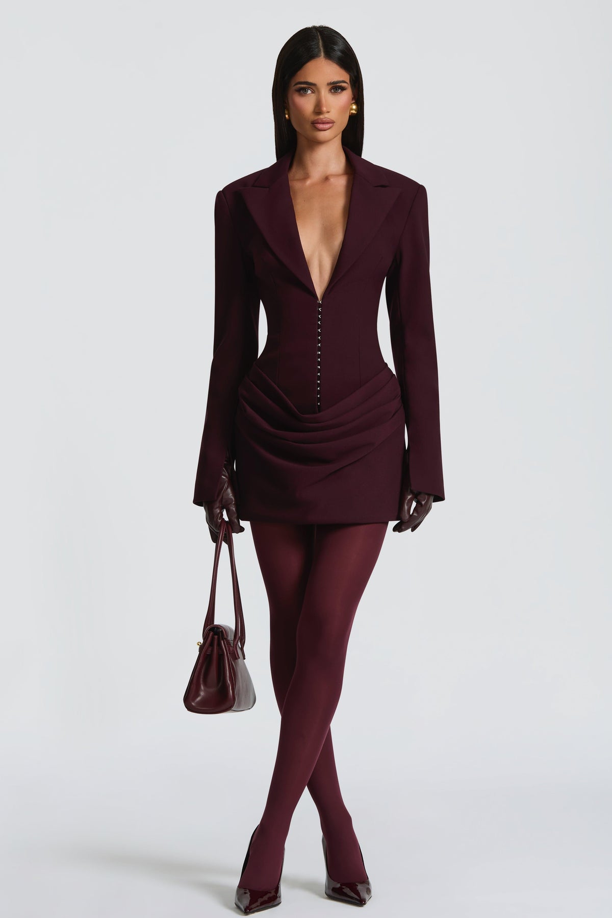 Tailored Collar Long Sleeve Ruched Mini Dress