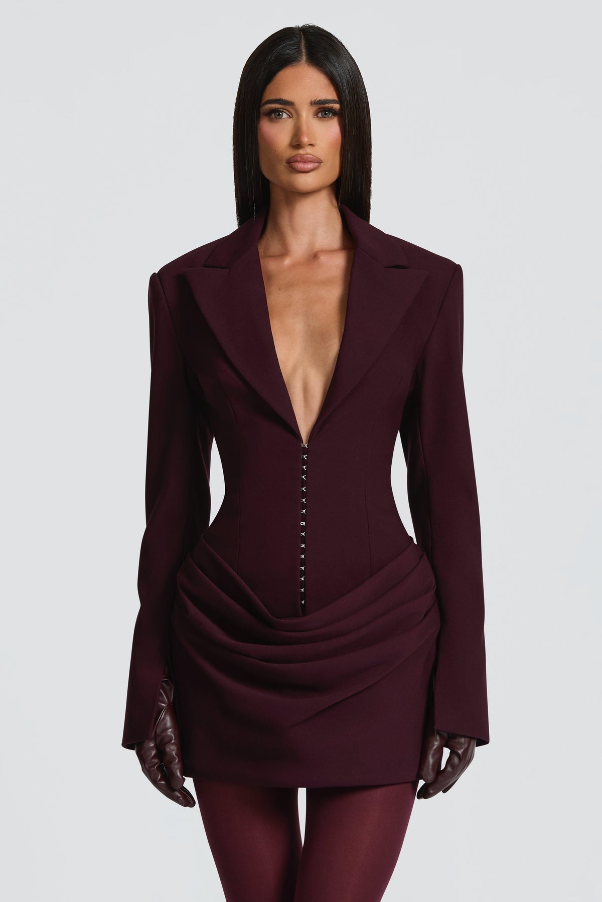 Tailored Collar Long Sleeve Ruched Mini Dress