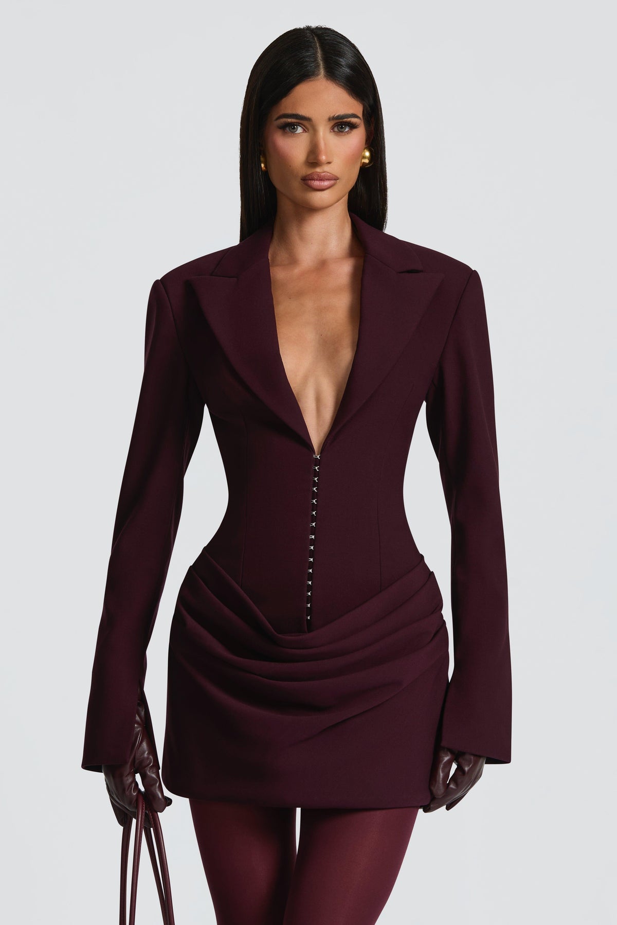 Tailored Collar Long Sleeve Ruched Mini Dress