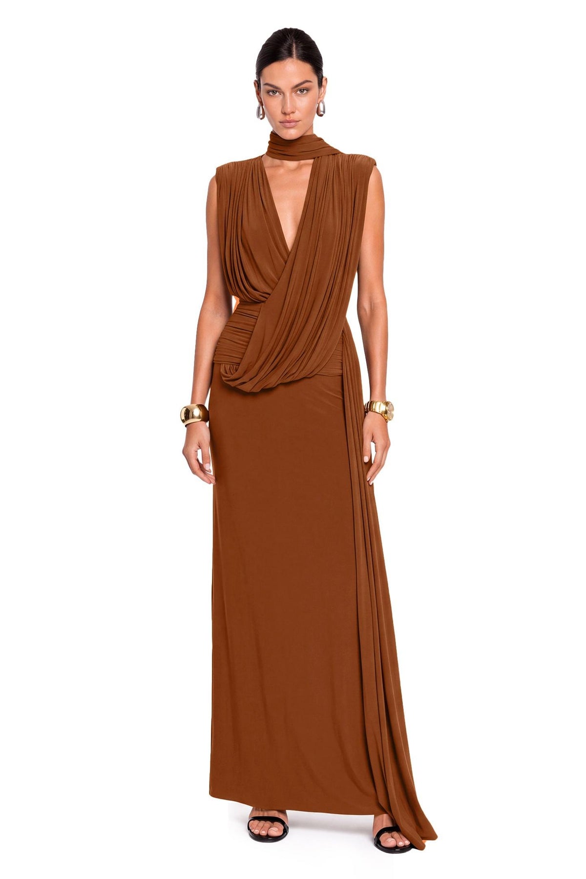 Jersey Ruched V-Neck Maxi Dress