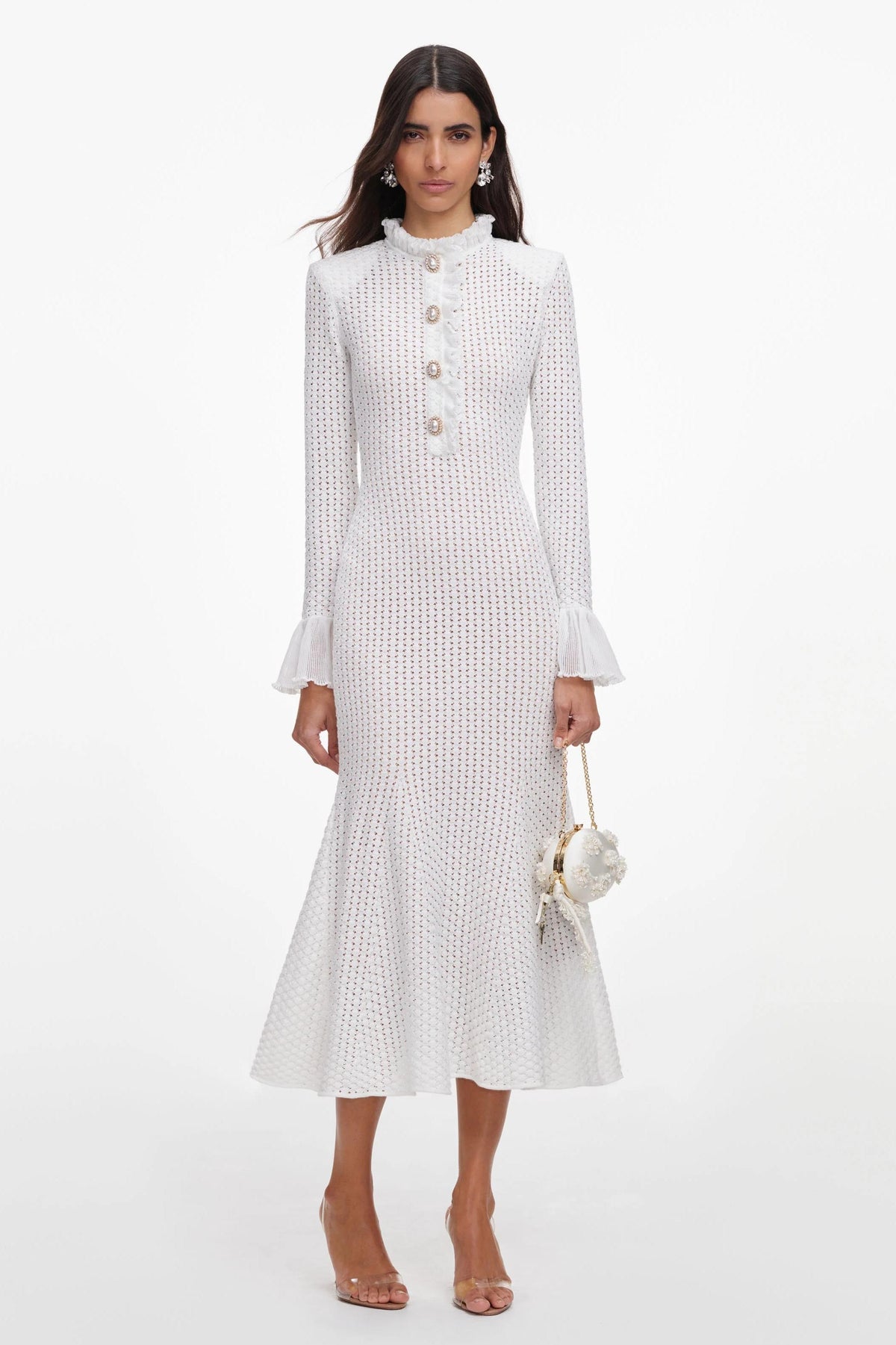Frill Button Long Sleeve Midi Dress