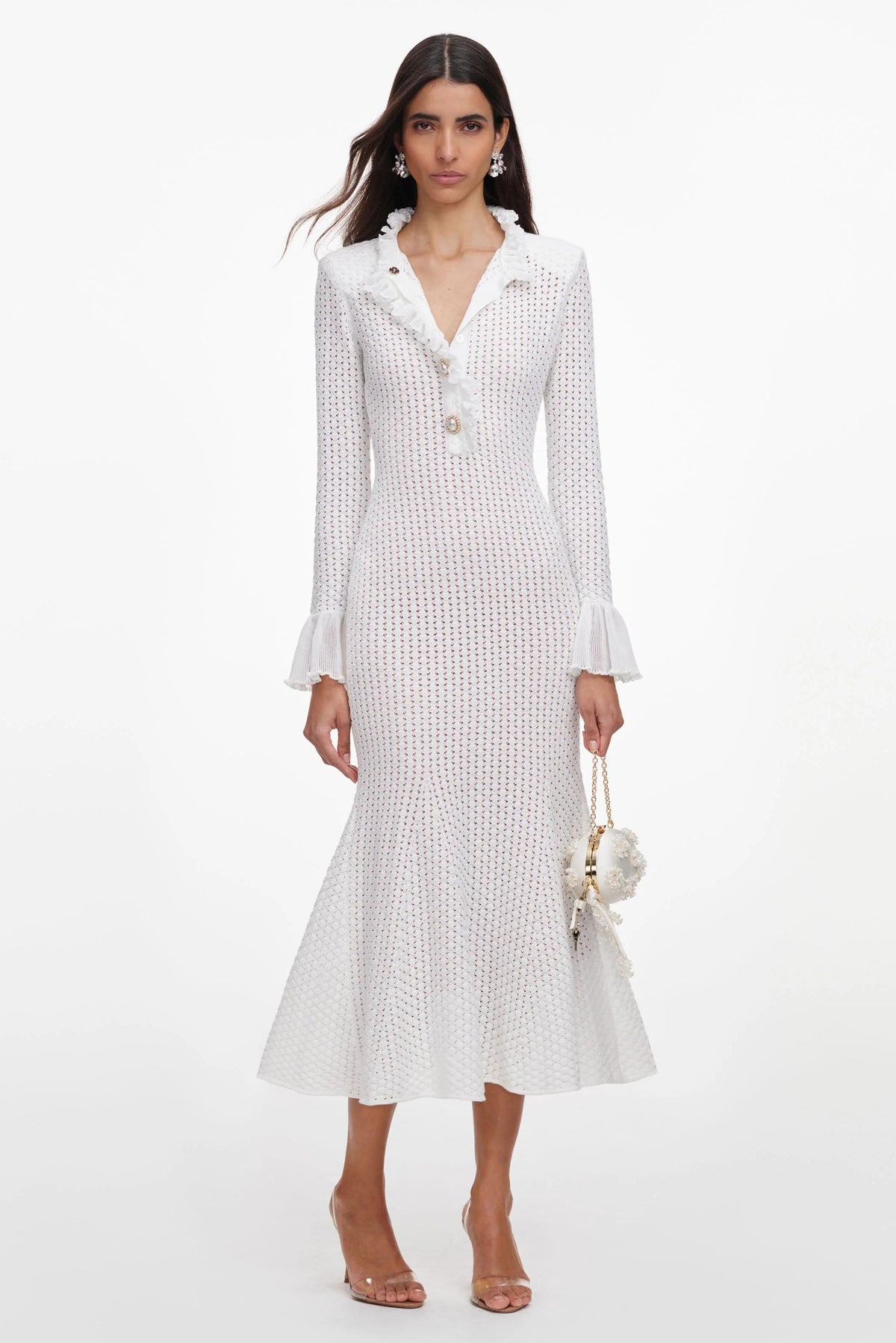 Frill Button Long Sleeve Midi Dress