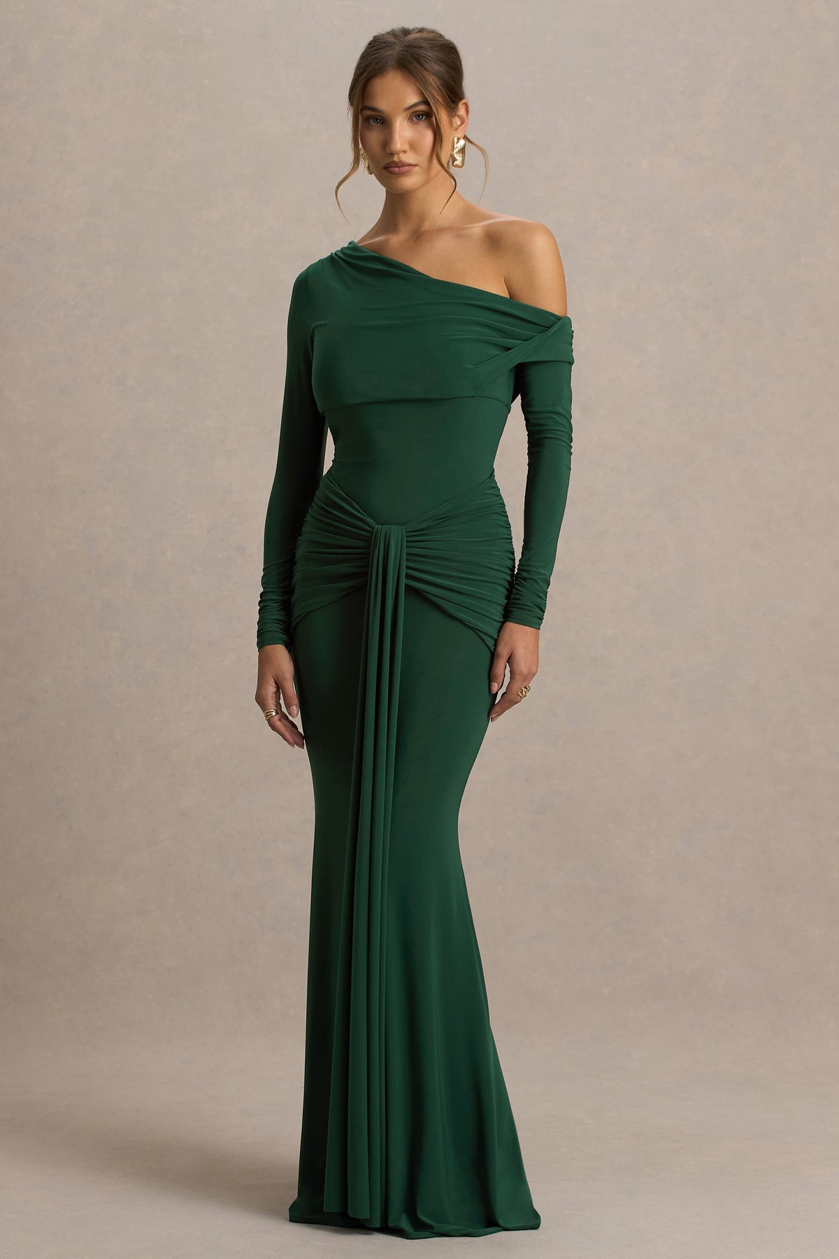 Jersey Skew Collar Gathering Maxi Dress