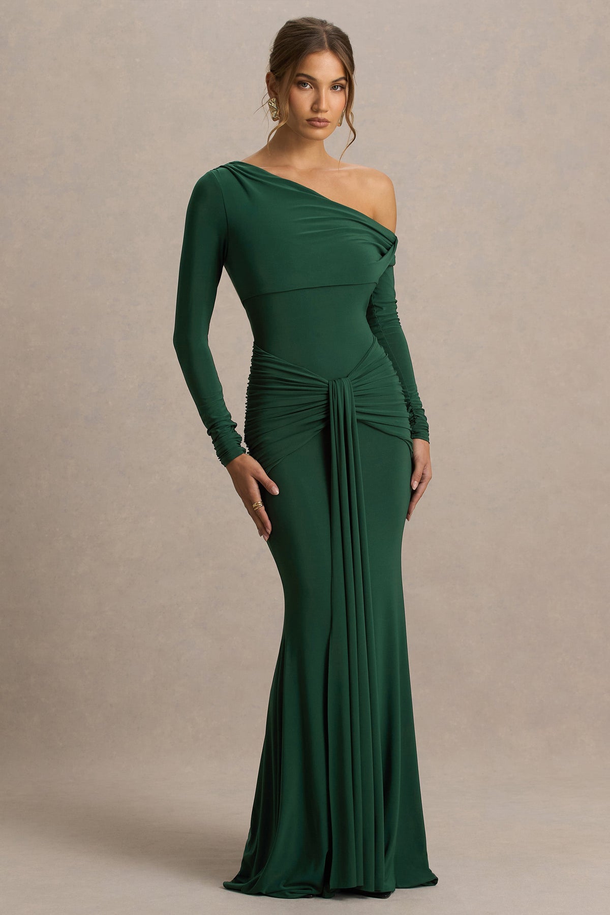 Jersey Skew Collar Gathering Maxi Dress