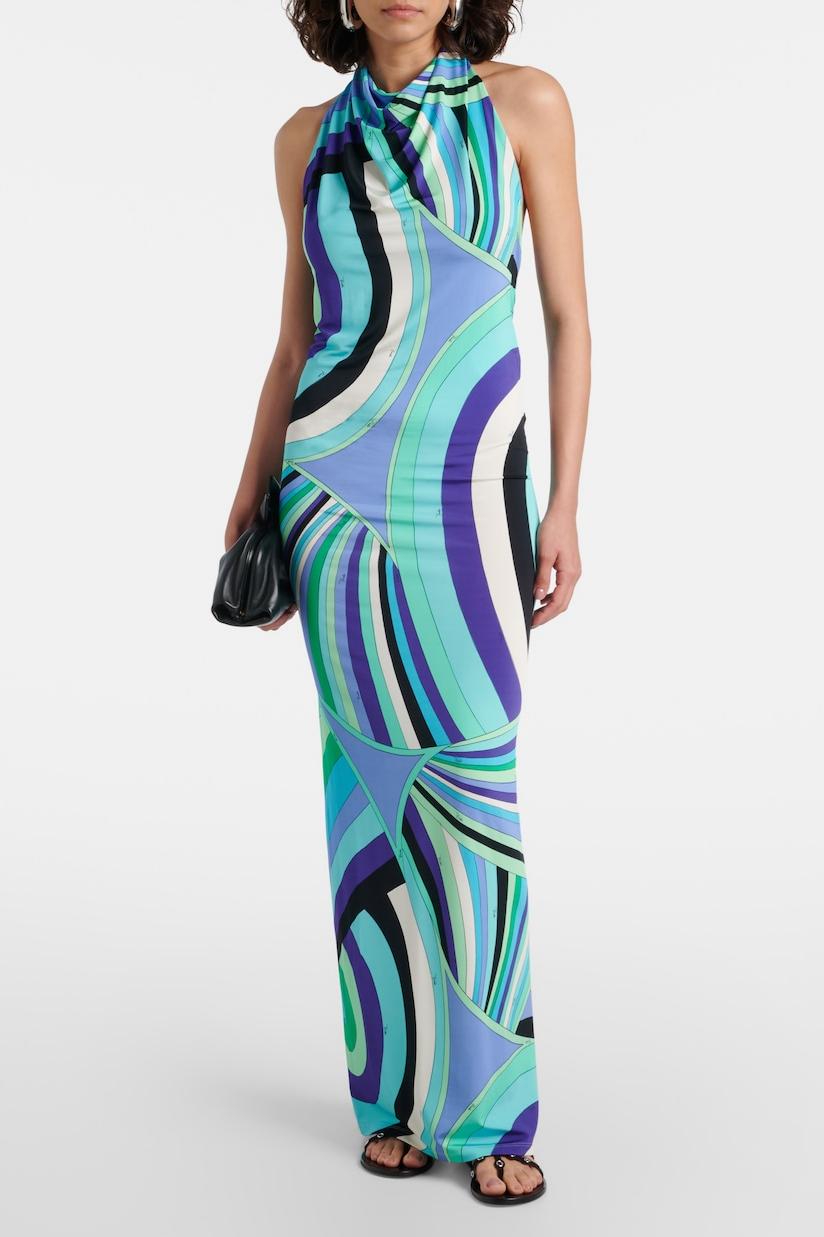 Abstract Print Cowl Neckline Halter Neck Maxi Dress