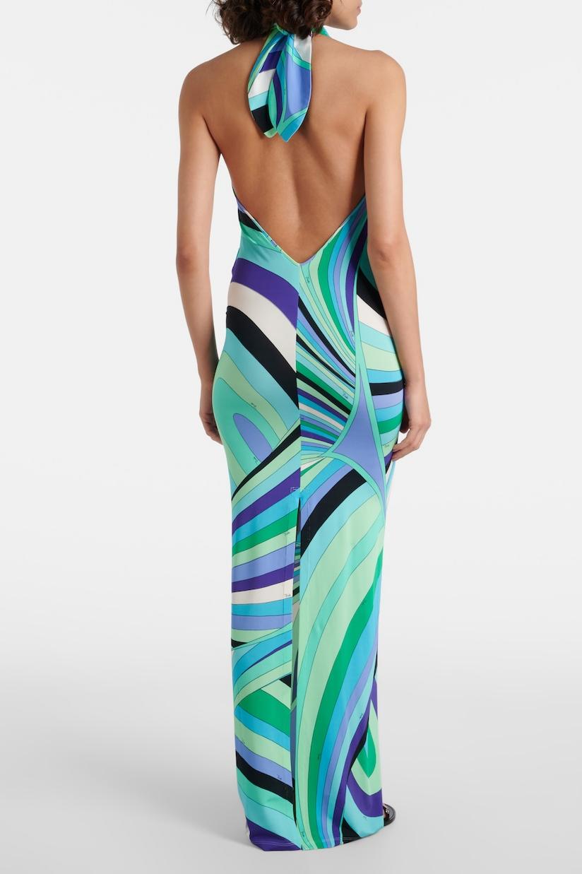 Abstract Print Cowl Neckline Halter Neck Maxi Dress