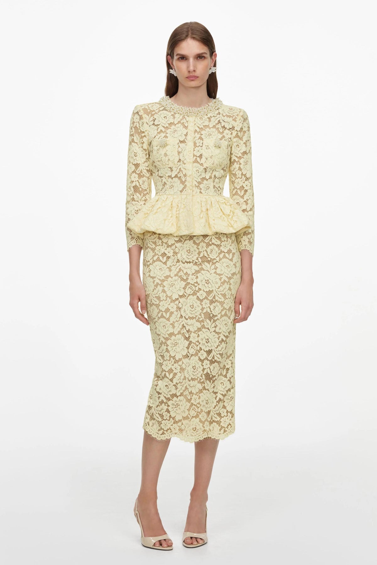 Lace Faux Pearl Ruffle Midi Dress