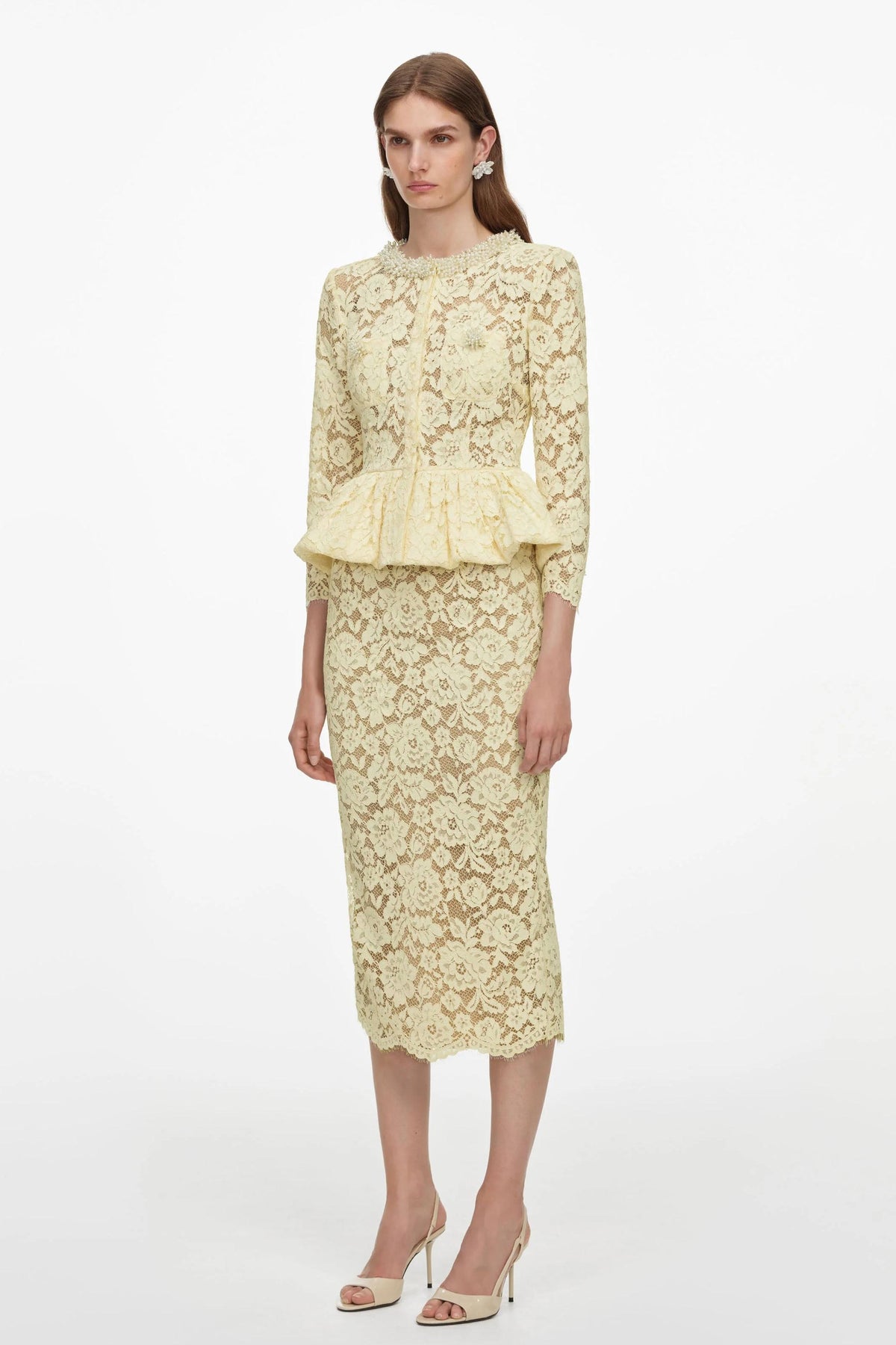 Lace Faux Pearl Ruffle Midi Dress