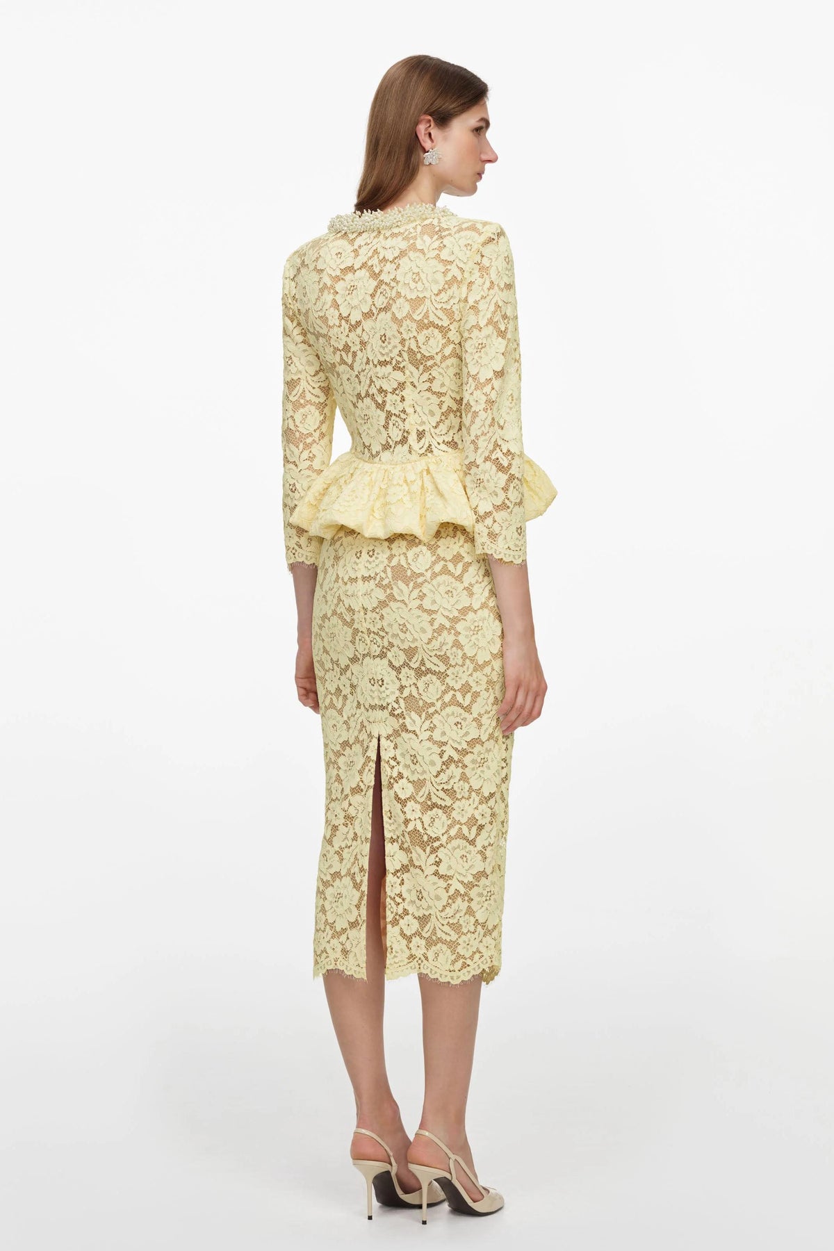 Lace Faux Pearl Ruffle Midi Dress
