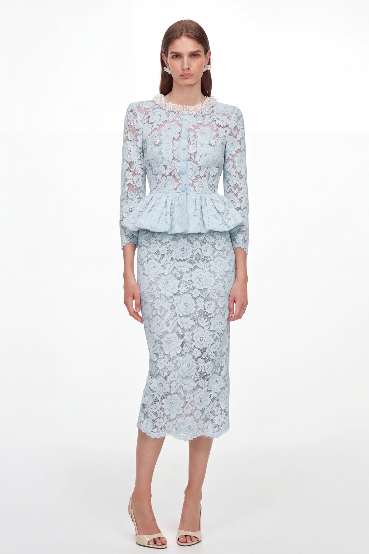 Lace Faux Pearl Ruffle Midi Dress