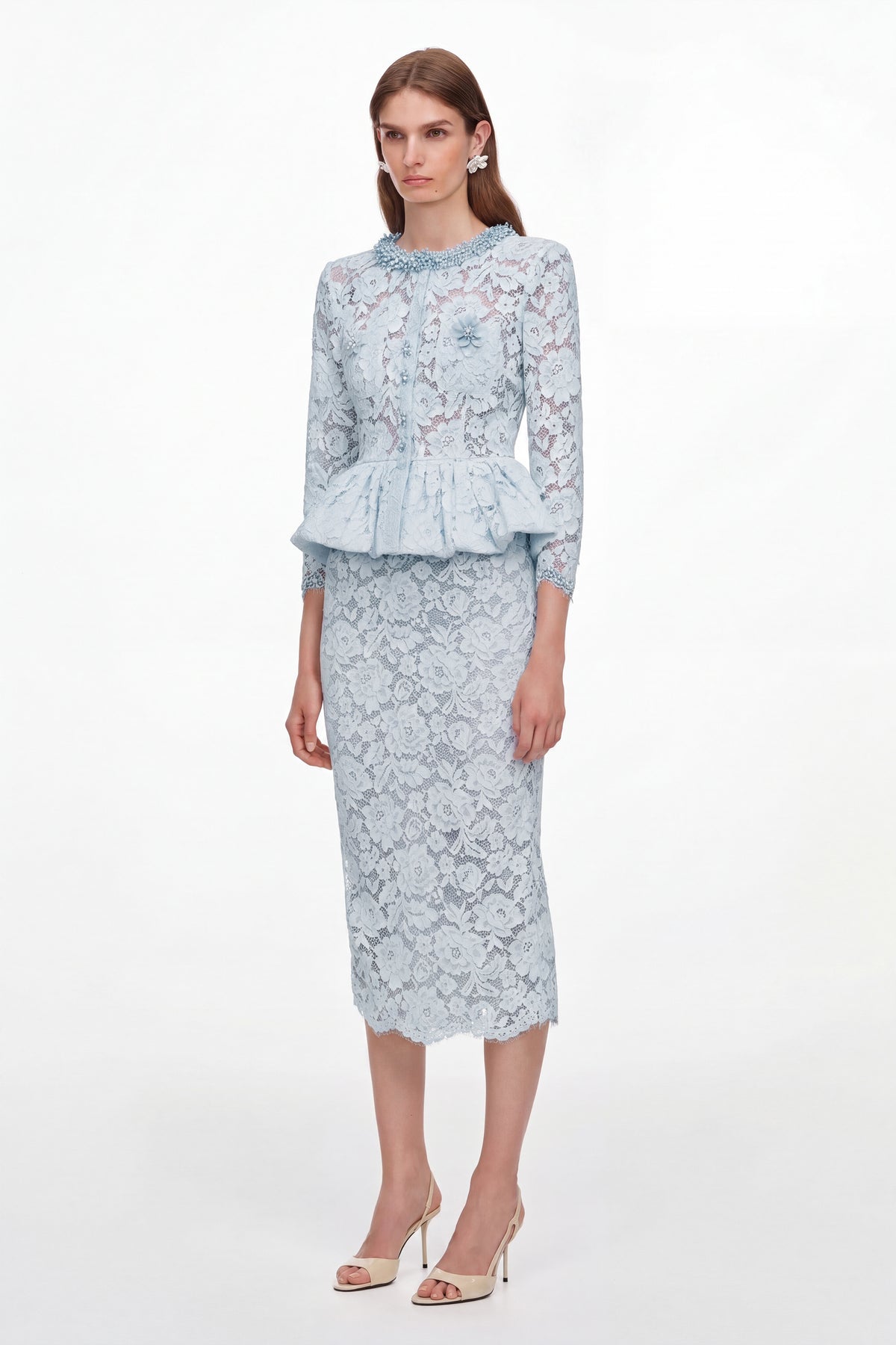 Lace Faux Pearl Ruffle Midi Dress