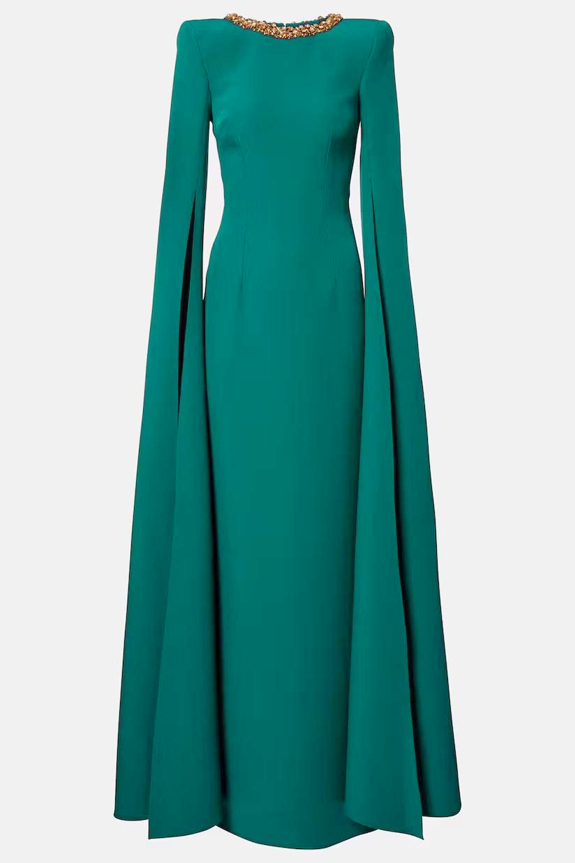 Solid Rhinestone Cape Sleeve Maxi Dress