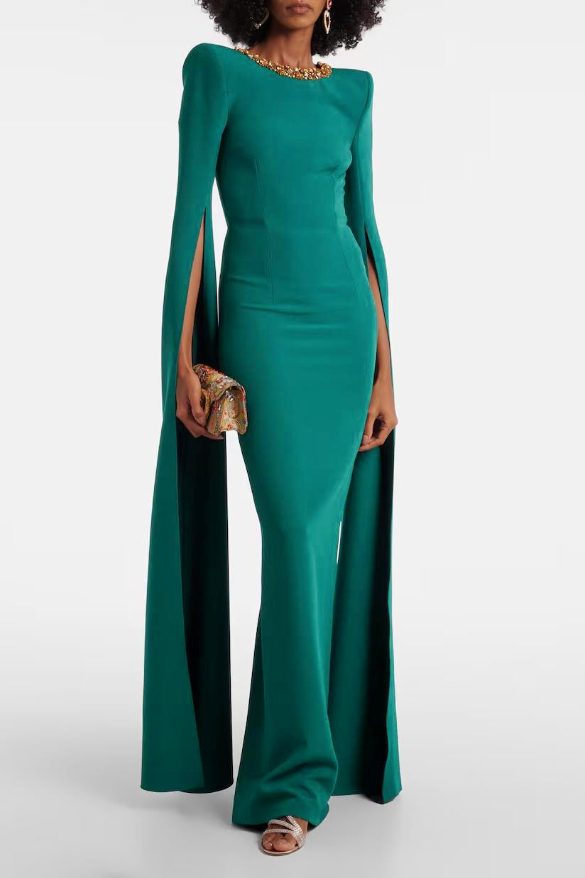 Solid Rhinestone Cape Sleeve Maxi Dress