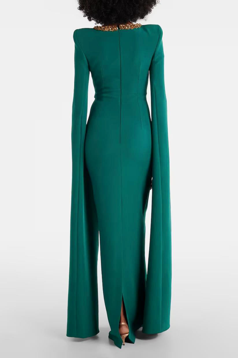 Solid Rhinestone Cape Sleeve Maxi Dress