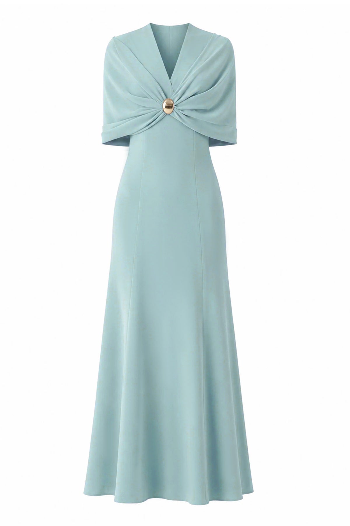 V-Neck Cape Sleeve Gathering Midi Dress