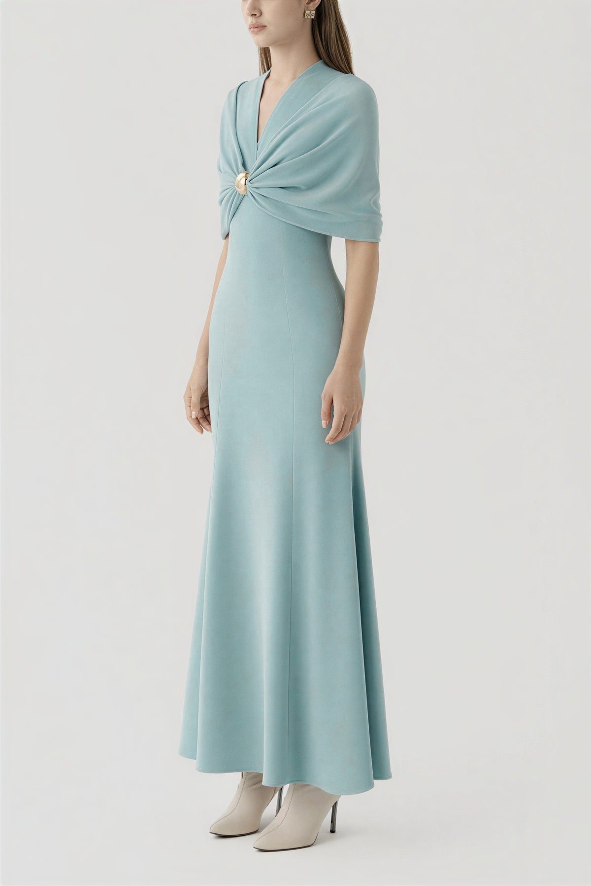V-Neck Cape Sleeve Gathering Midi Dress