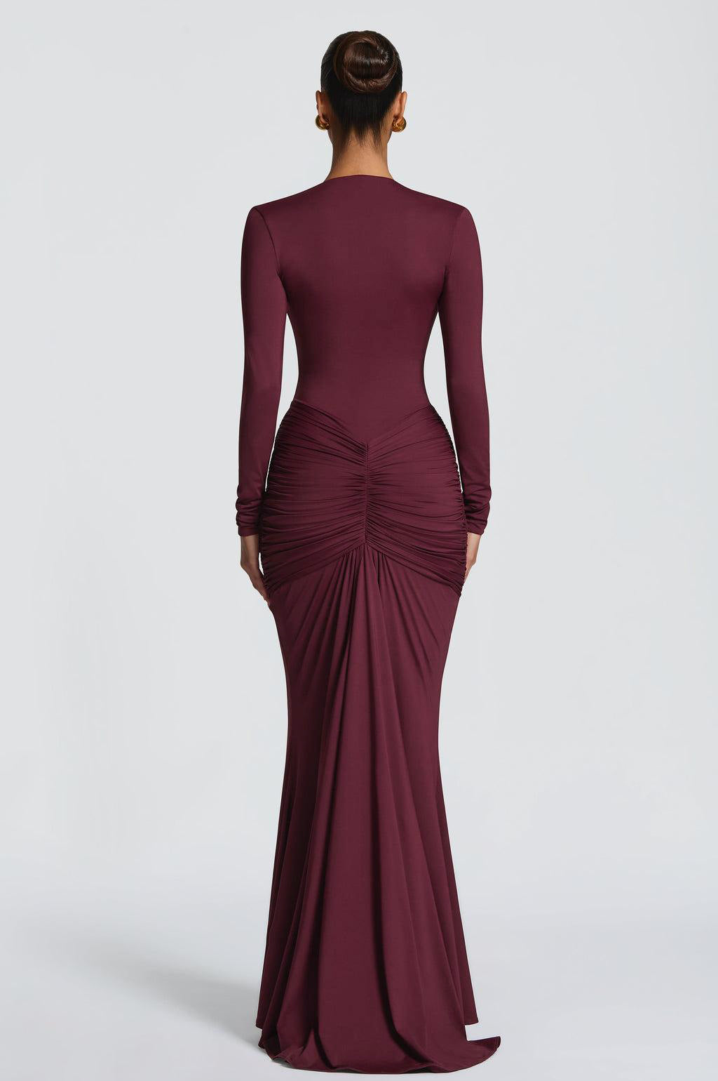 V-Neck Gathering Long Sleeve Maxi Dress