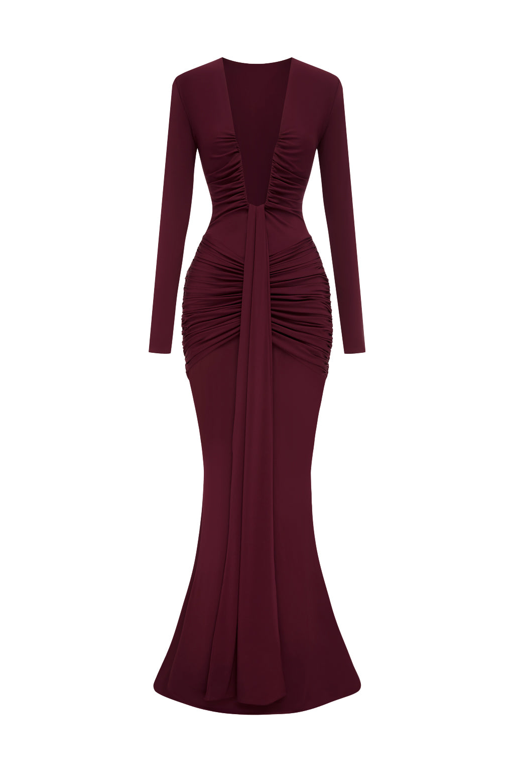 V-Neck Gathering Long Sleeve Maxi Dress