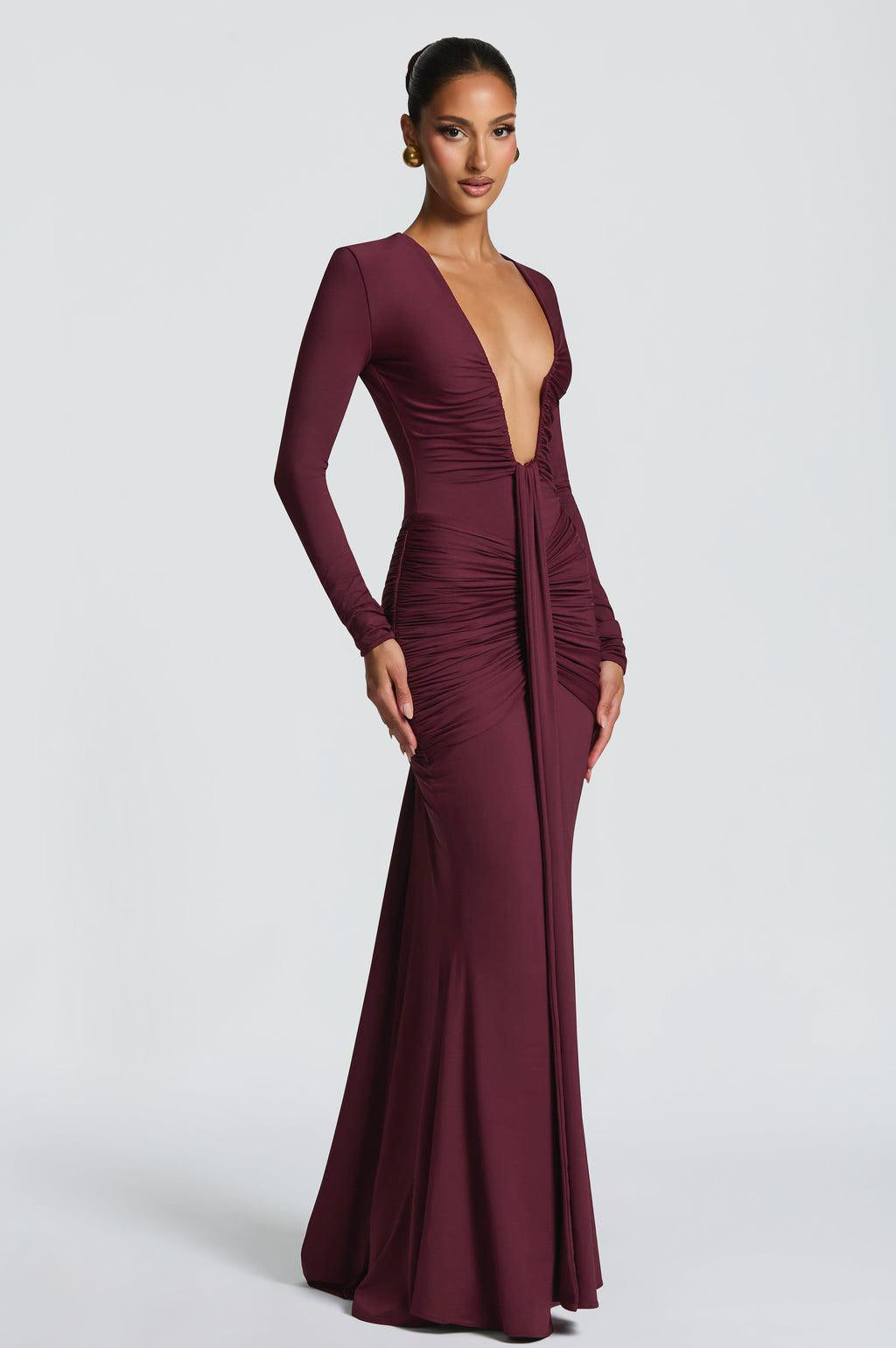 V-Neck Gathering Long Sleeve Maxi Dress