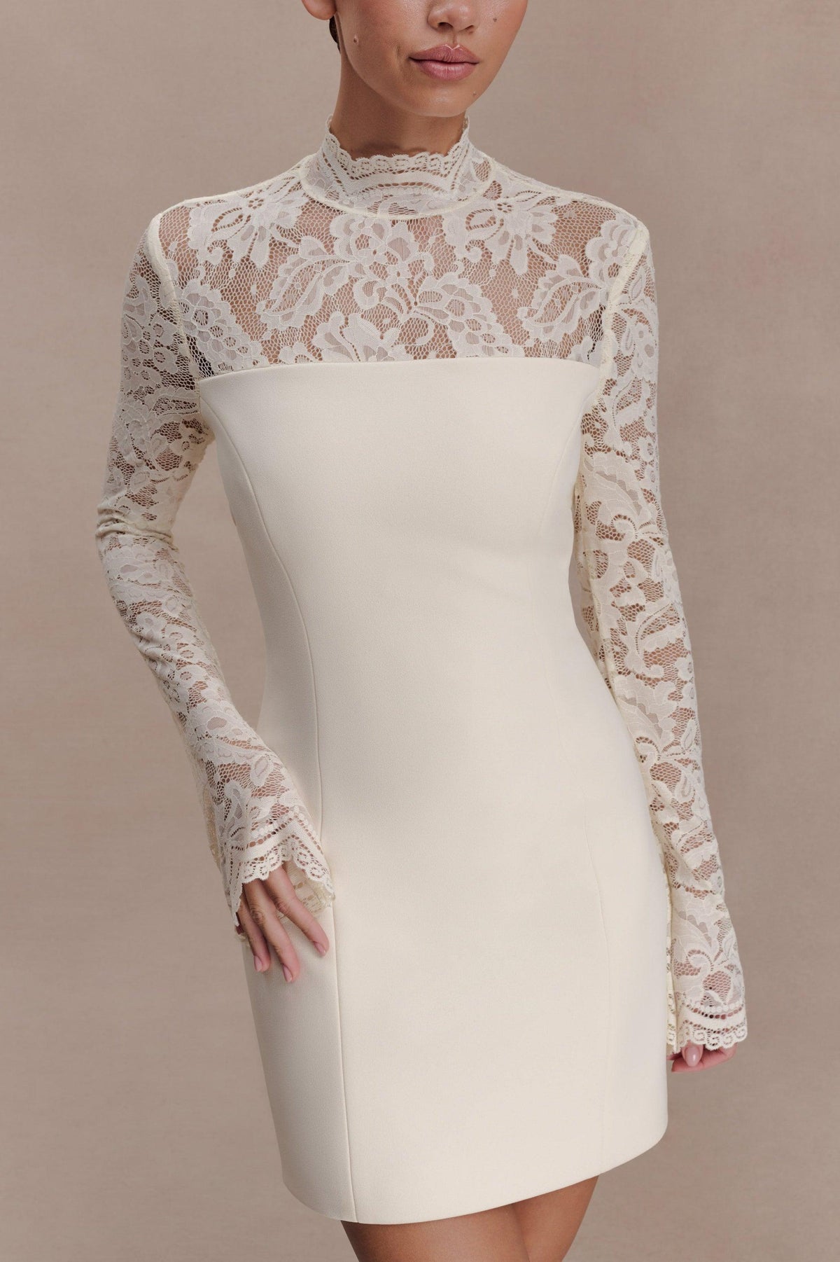 Lace High Neck Long Sleeve Mini Dress
