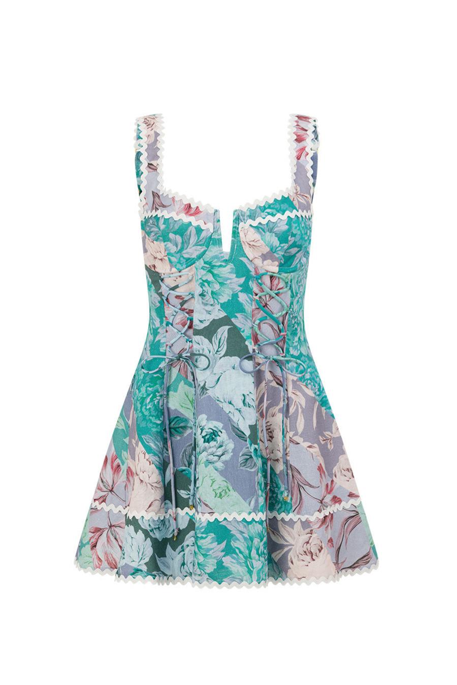 Floral Tie-Up Lace Trimmed Mini Dress
