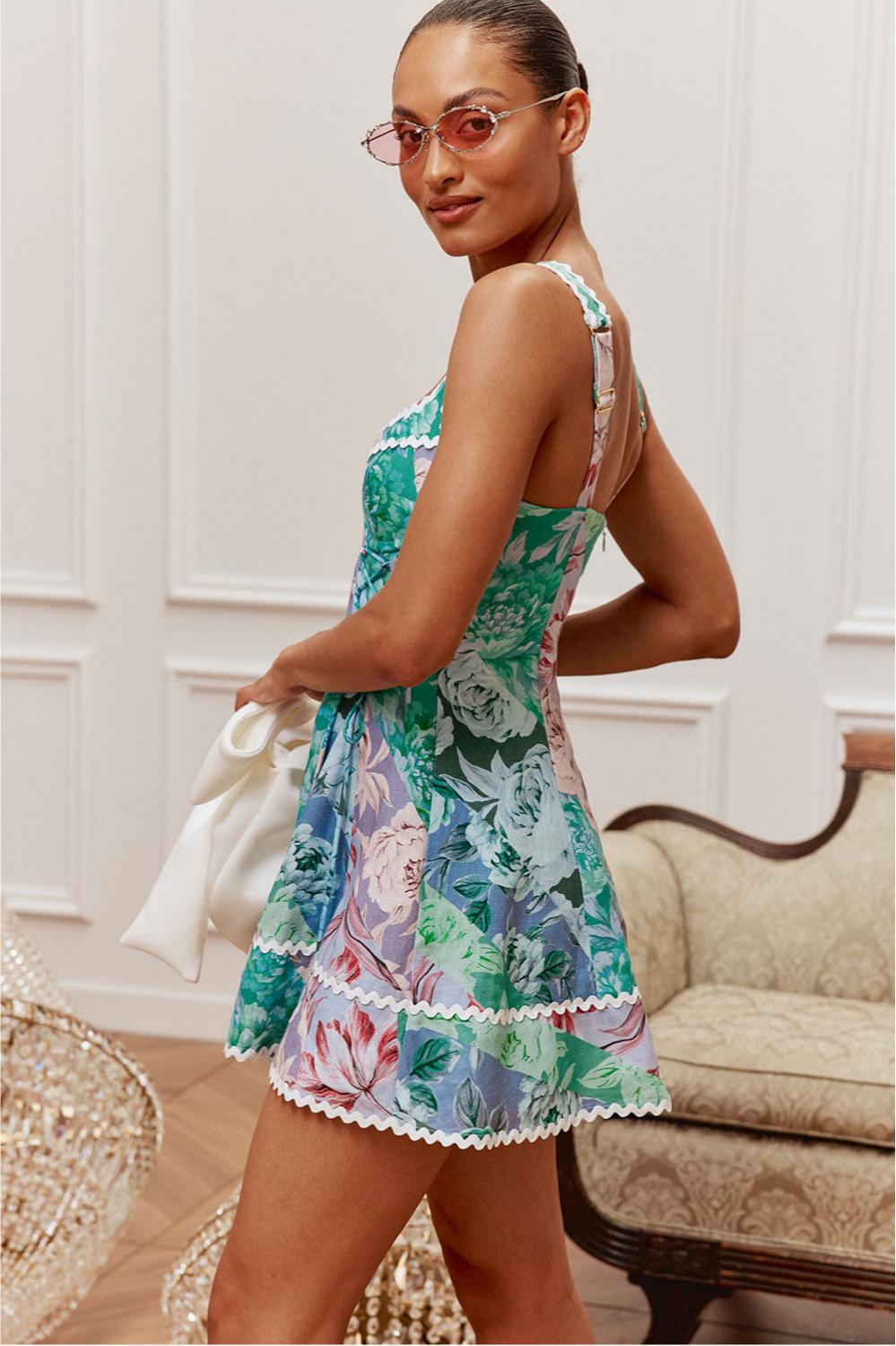 Floral Tie-Up Lace Trimmed Mini Dress