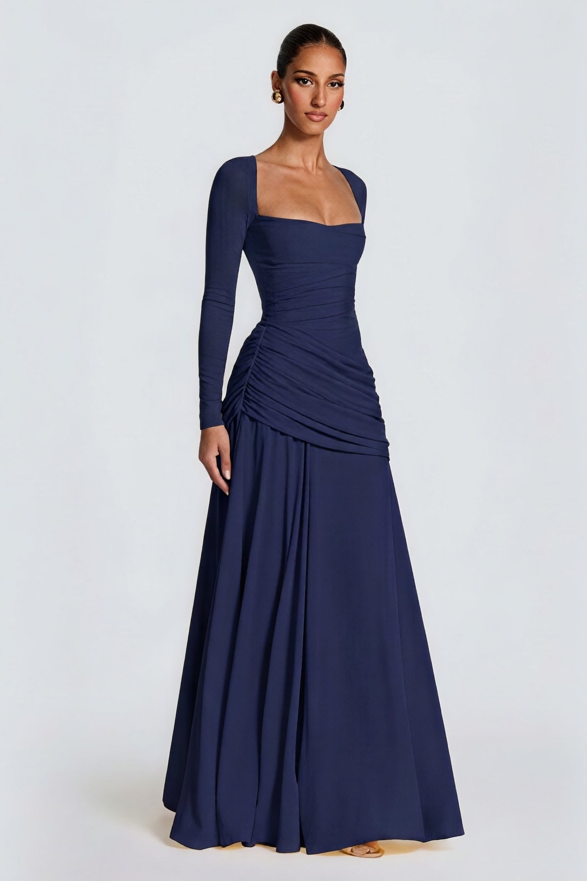 Square Collar Gathering Long Sleeve Maxi Dress